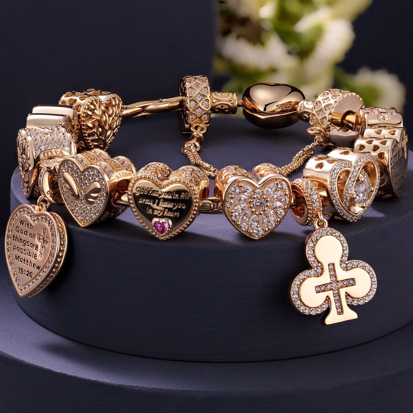 Sterling Silver Eternal Love and Guardian Charms Bracelet Set In 14K Gold Plated