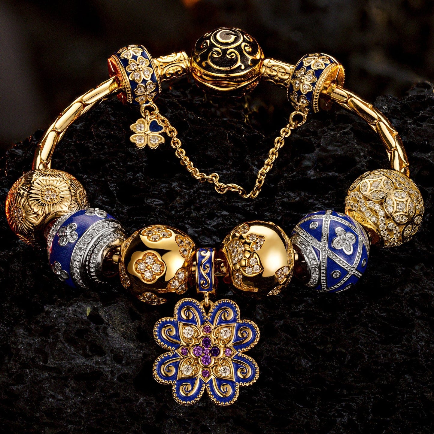 Sterling Silver Easter Deco Charms Bracelet Set With Enamel, Featuring Dual Plating in 14K Gold and White Gold