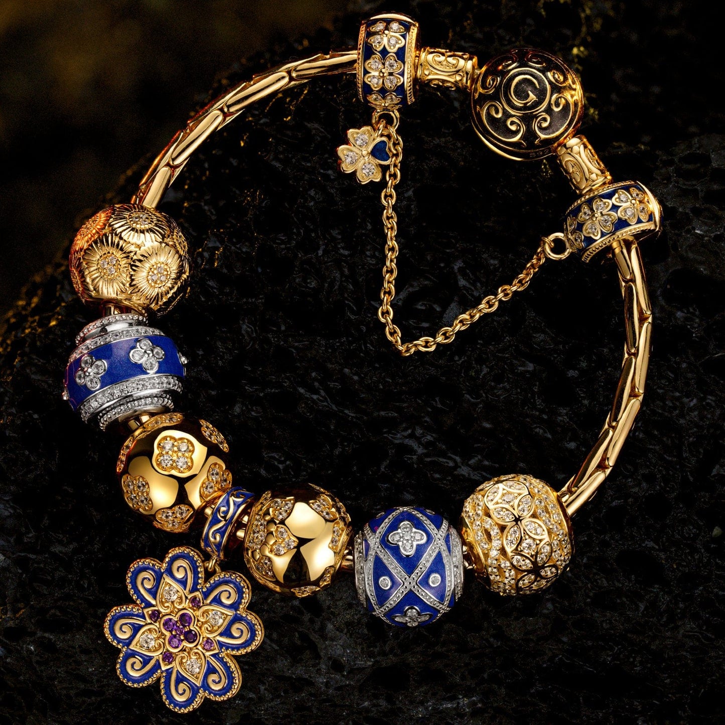 Sterling Silver Easter Deco Charms Bracelet Set With Enamel, Featuring Dual Plating in 14K Gold and White Gold