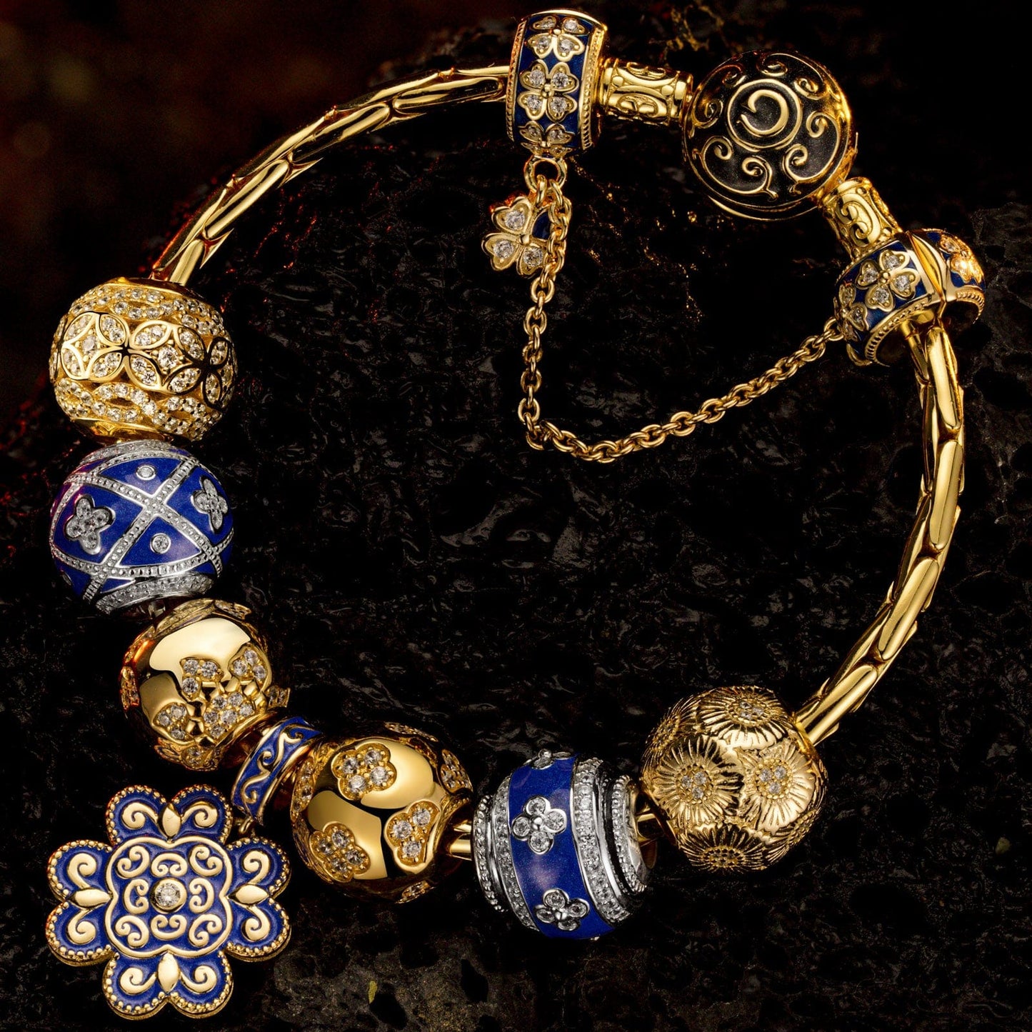 Sterling Silver Easter Deco Charms Bracelet Set With Enamel, Featuring Dual Plating in 14K Gold and White Gold