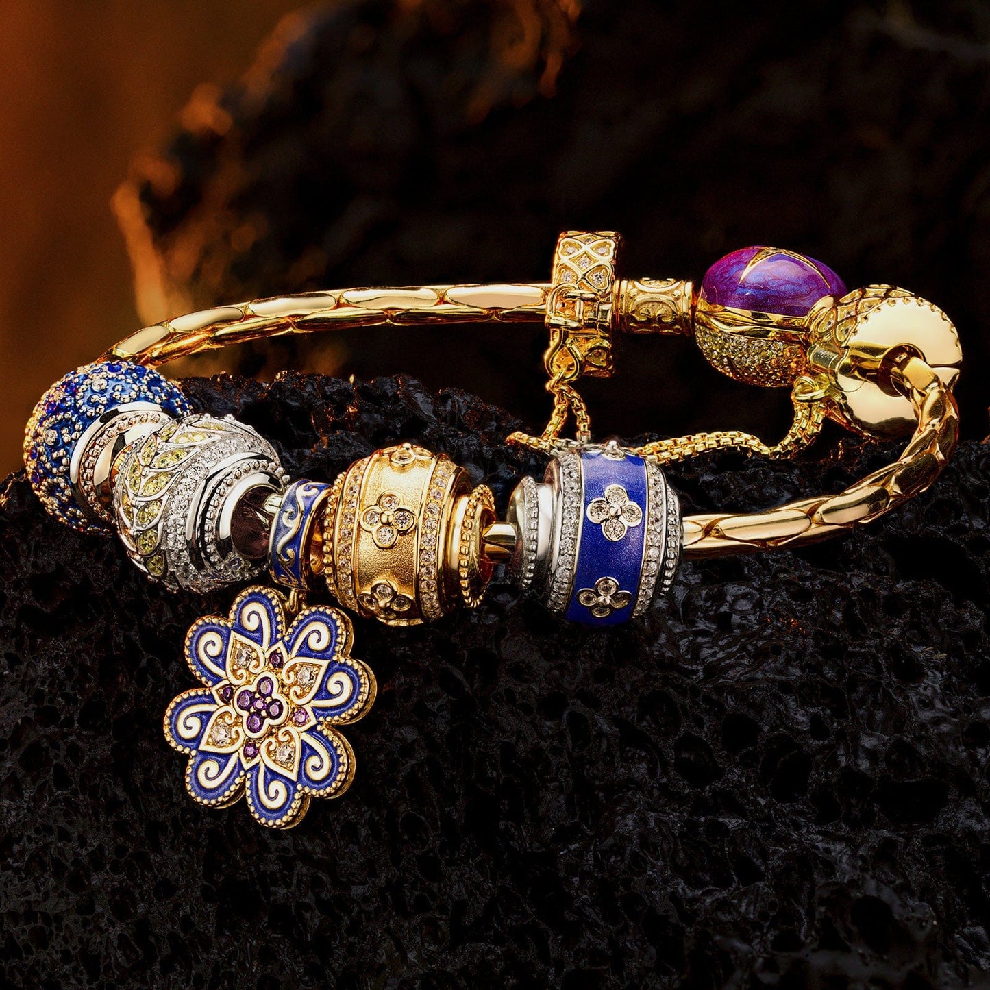 Sterling Silver Fortunate Turns Charms Bracelet Set With Enamel, Featuring Dual Plating in 14K Gold and White Gold