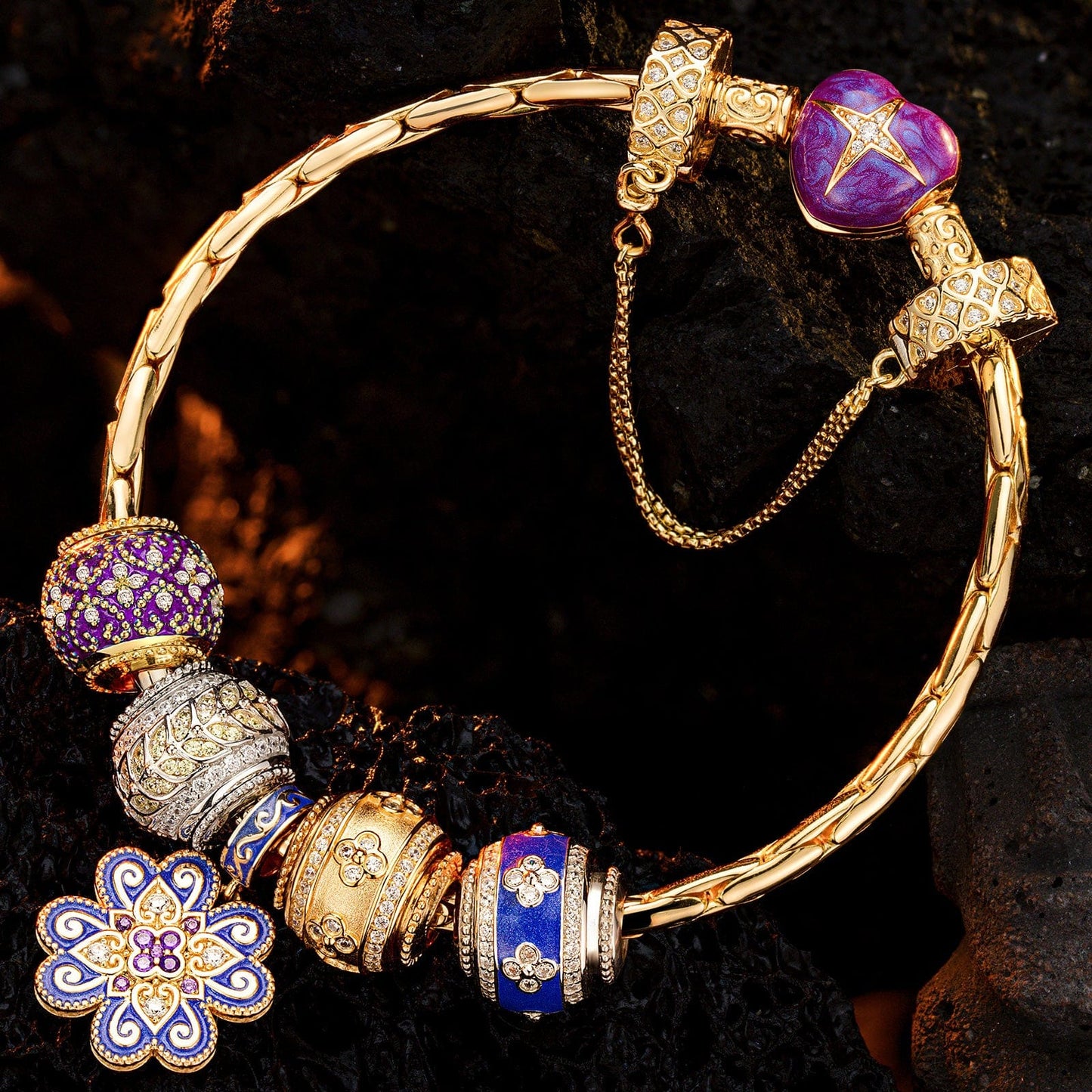 Sterling Silver Fortunate Turns Charms Bracelet Set With Enamel, Featuring Dual Plating in 14K Gold and White Gold