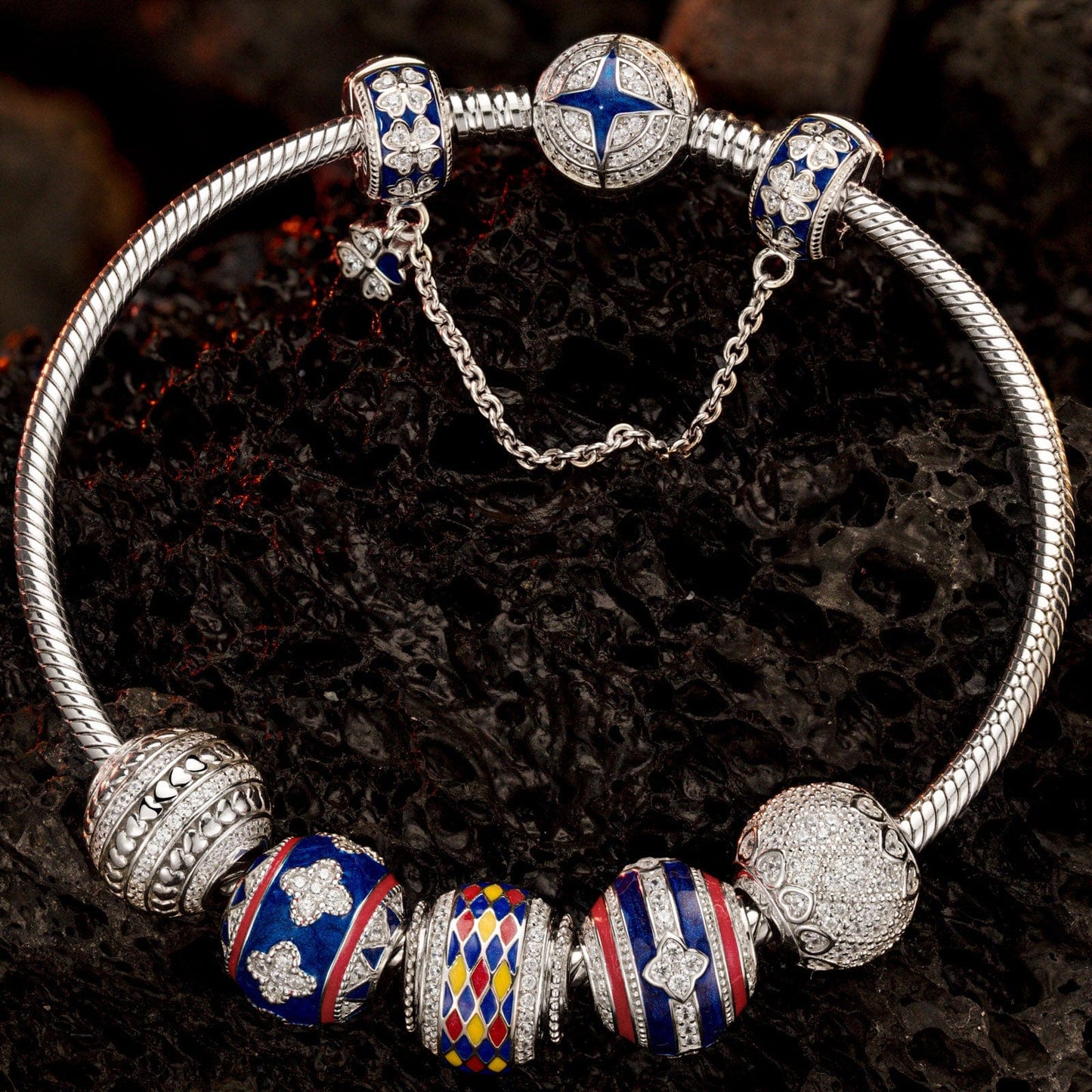 Sterling Silver Rotating Good Fortune Charms Bracelet Set With Enamel In White Gold Plated