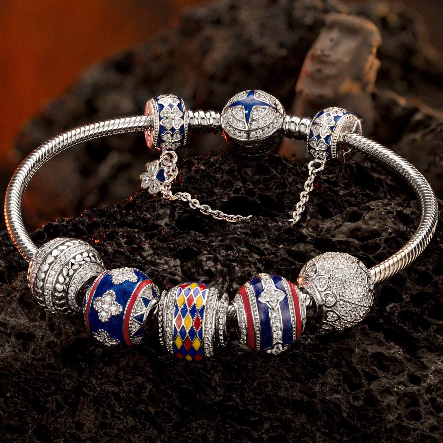 Sterling Silver Rotating Good Fortune Charms Bracelet Set With Enamel In White Gold Plated