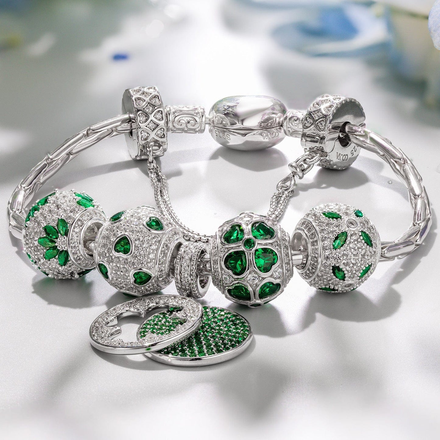 Sterling Silver Verdant Clover Treasures Charms Bracelet Set In White Gold Plated
