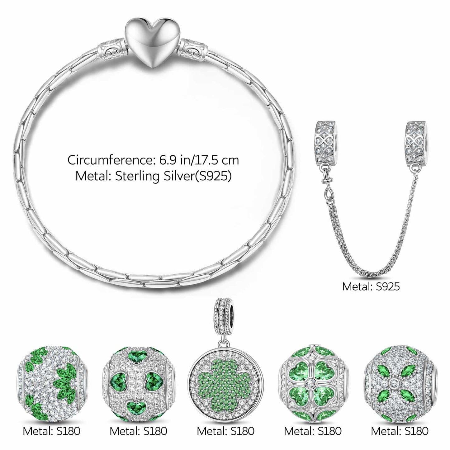 Sterling Silver Verdant Clover Treasures Charms Bracelet Set In White Gold Plated