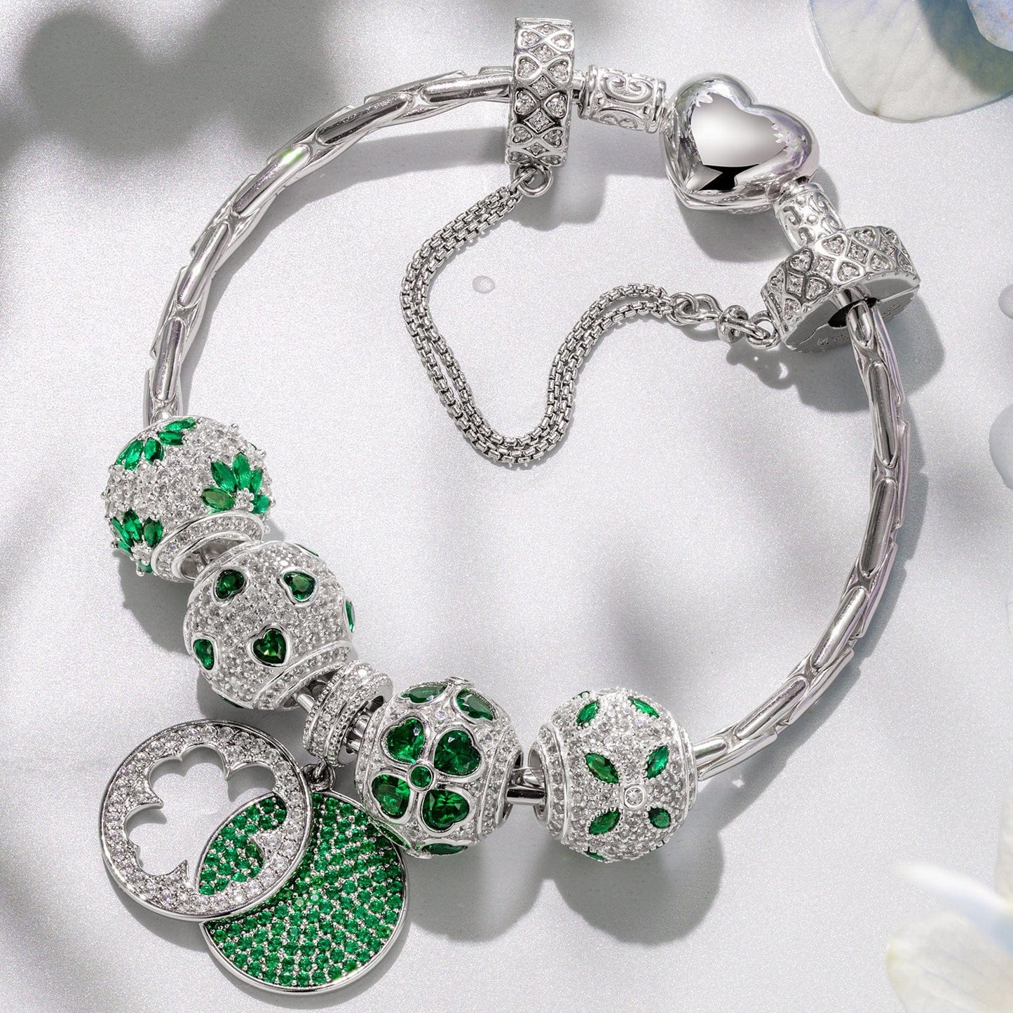 Sterling Silver Verdant Clover Treasures Charms Bracelet Set In White Gold Plated
