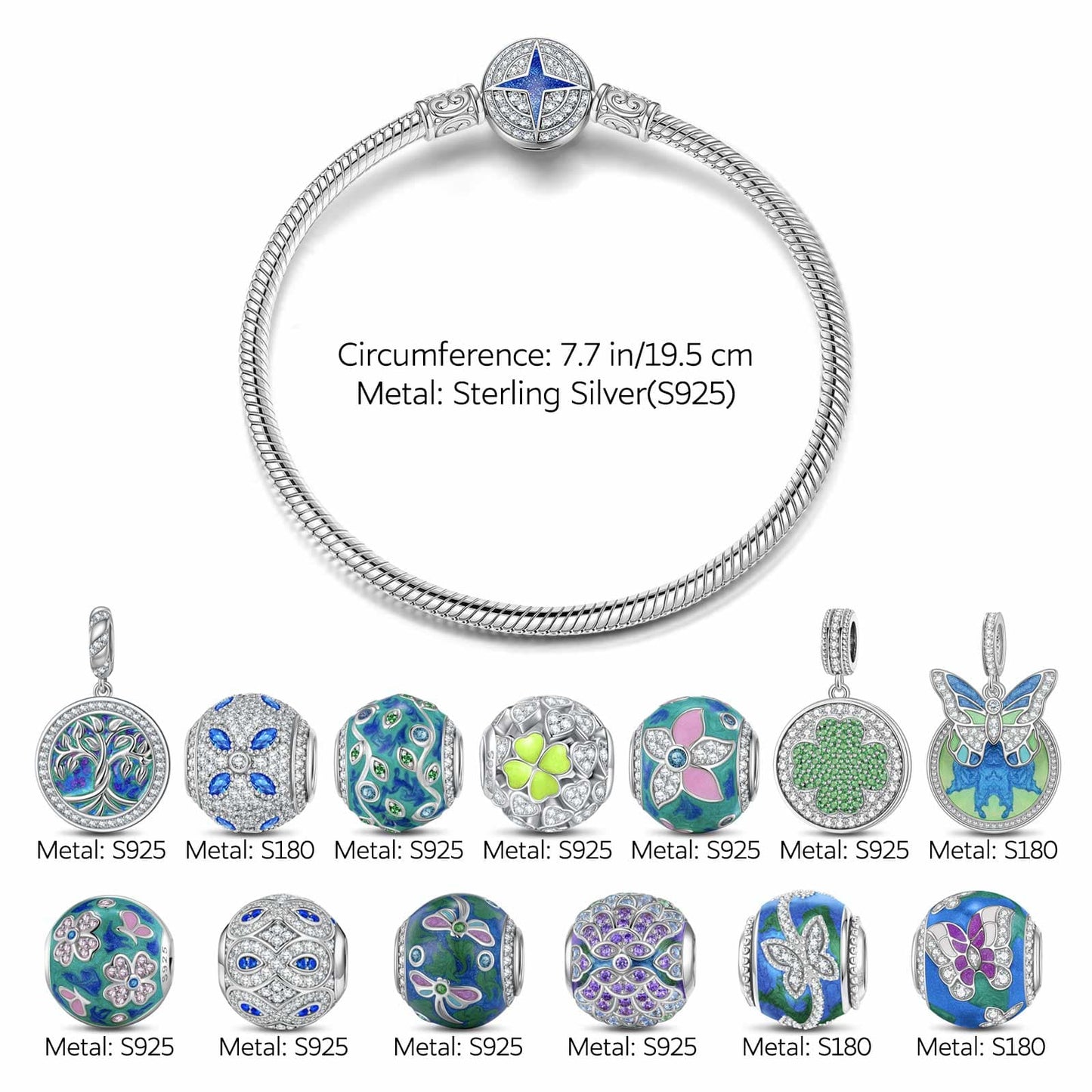 Sterling Silver Emerald Dreamscape Charms Bracelet Set With Enamel In White Gold Plated