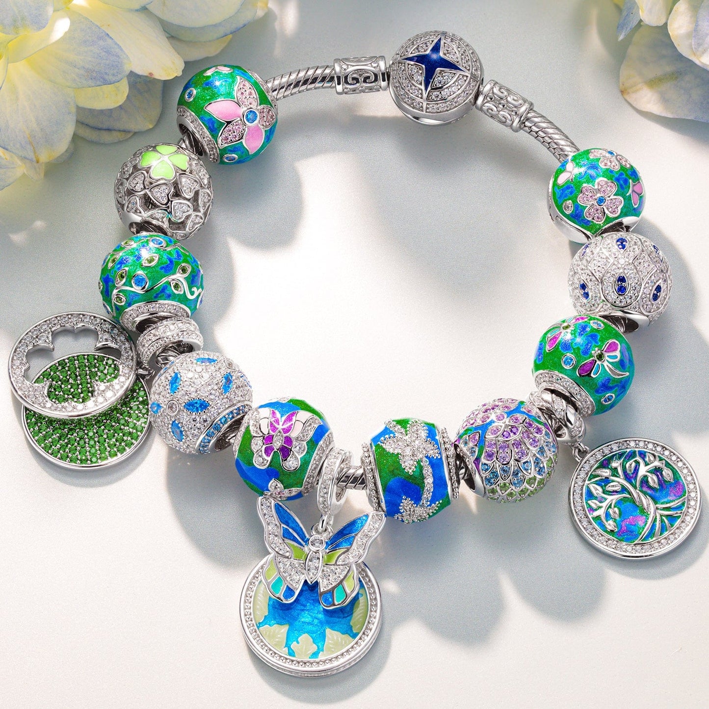 Sterling Silver Emerald Dreamscape Charms Bracelet Set With Enamel In White Gold Plated