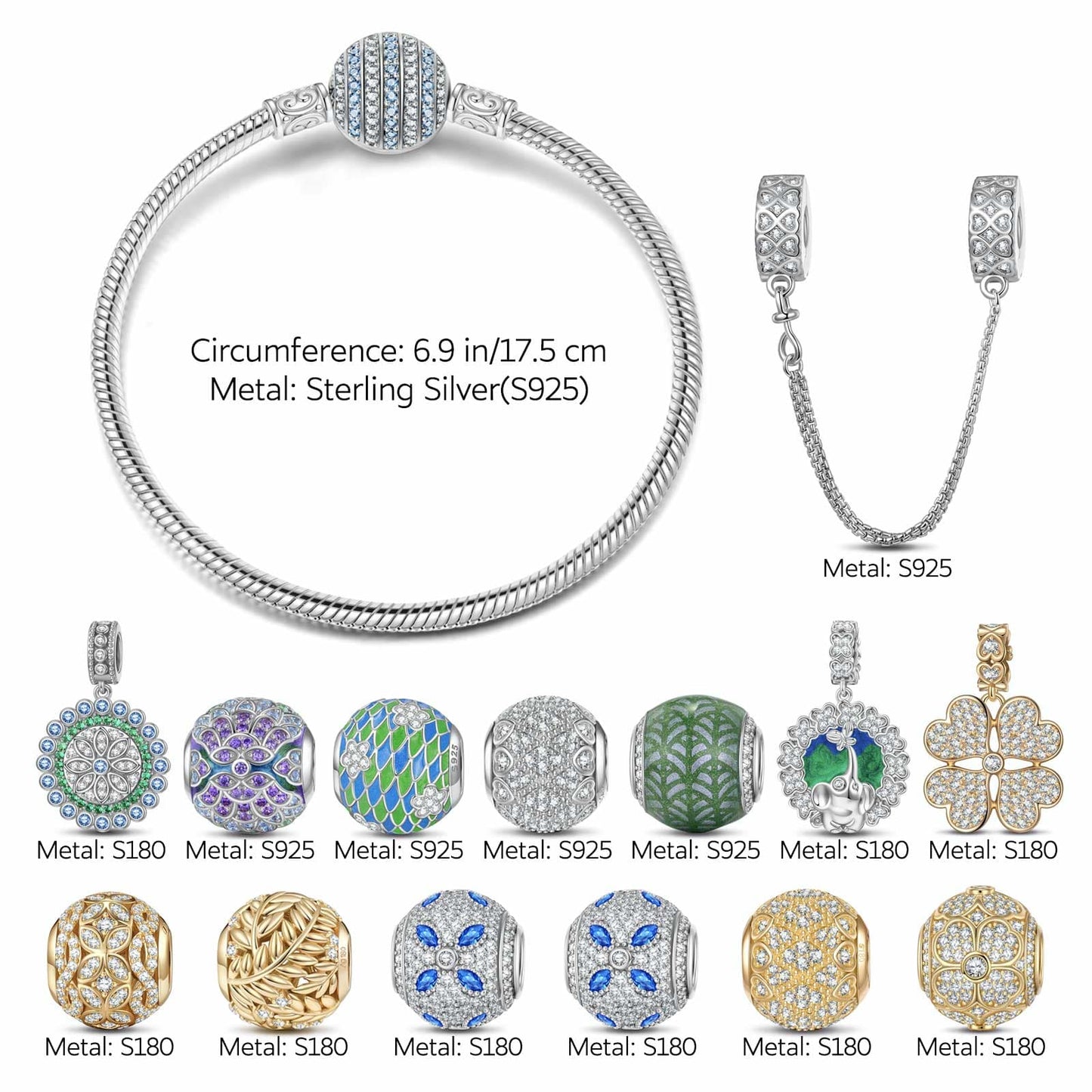 Sterling Silver Springtime Elegance Charms Bracelet Set With Enamel In White Gold Plated
