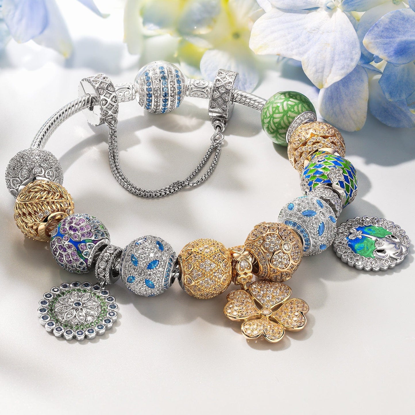 Sterling Silver Springtime Elegance Charms Bracelet Set With Enamel In White Gold Plated