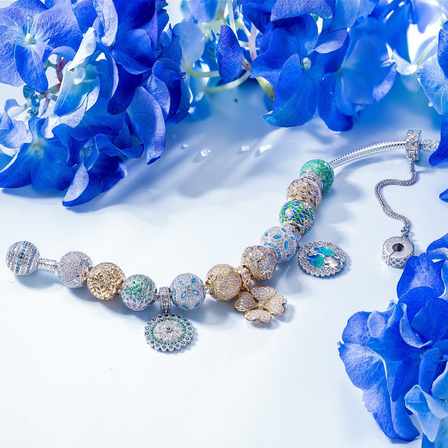 Sterling Silver Springtime Elegance Charms Bracelet Set With Enamel In White Gold Plated