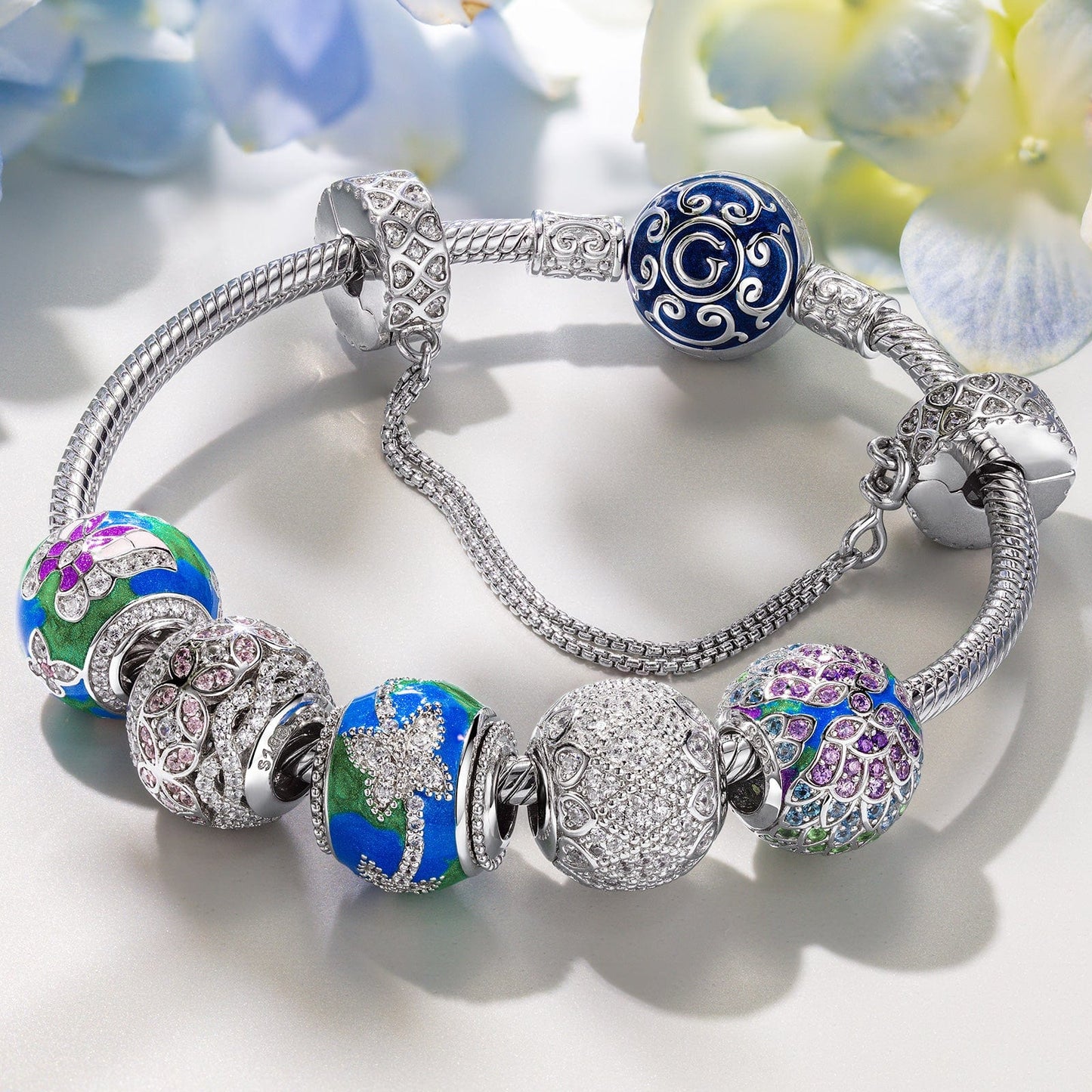 Sterling Silver Spring Blossom Butterfly Charms Bracelet Set With Enamel In White Gold Plated