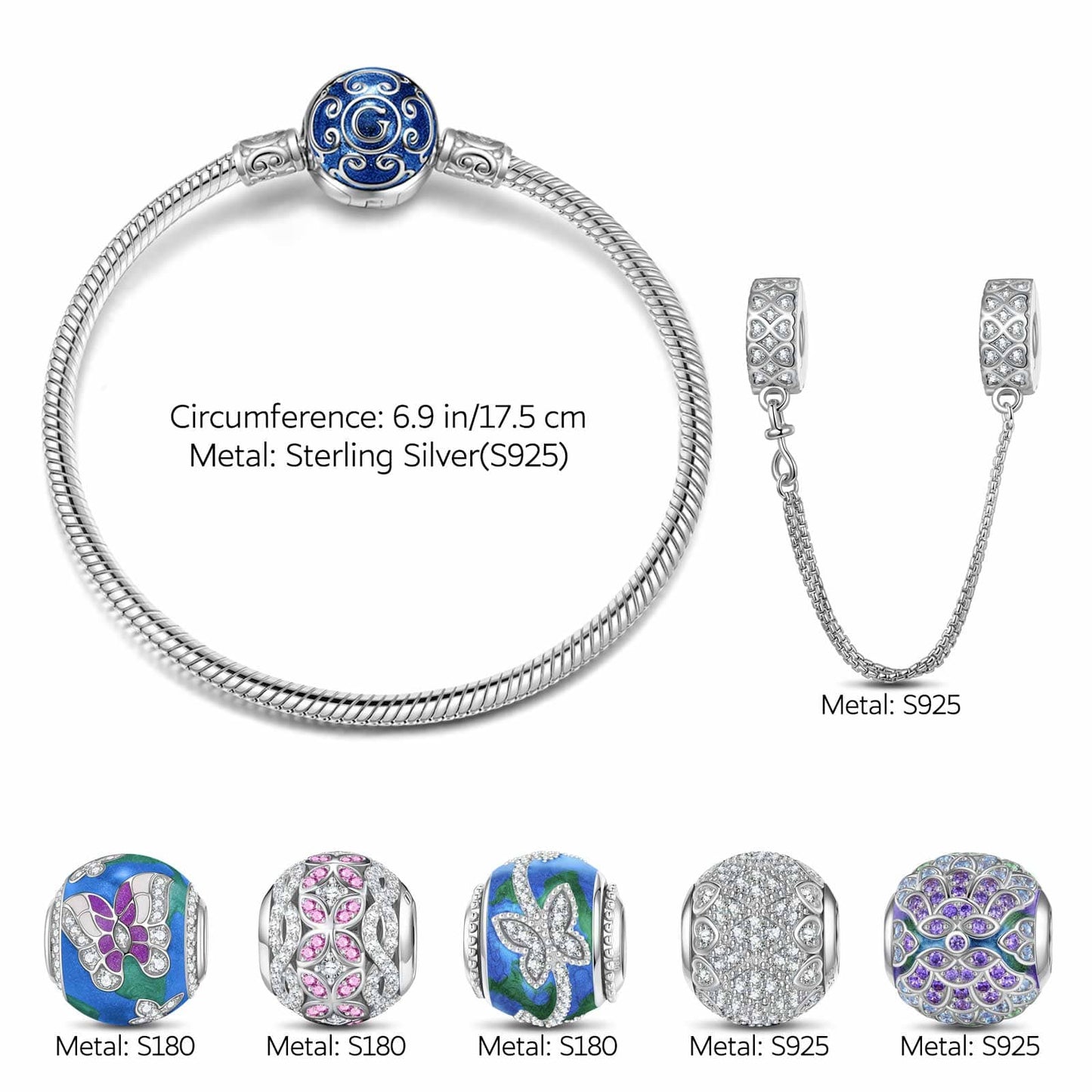 Sterling Silver Spring Blossom Butterfly Charms Bracelet Set With Enamel In White Gold Plated