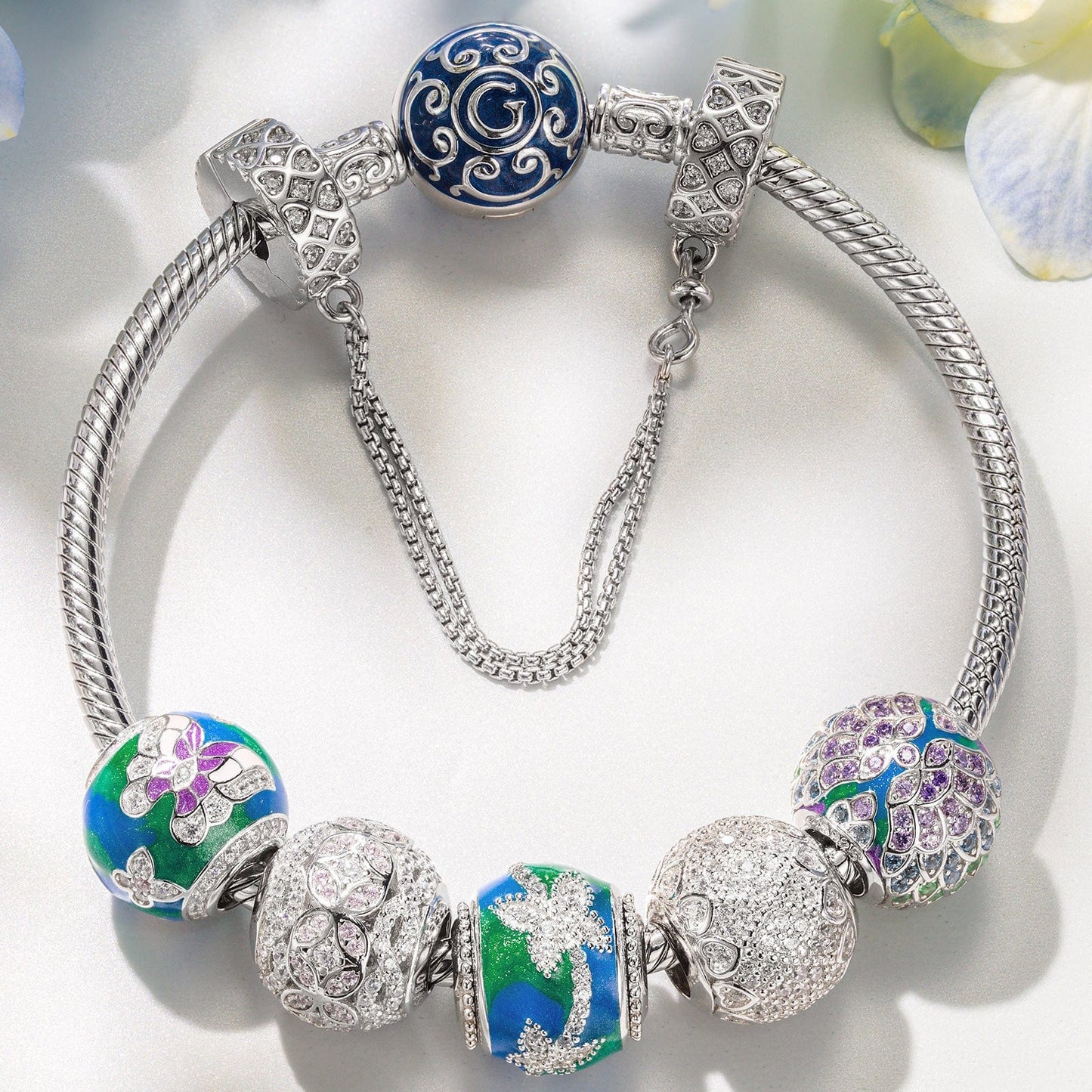 Sterling Silver Spring Blossom Butterfly Charms Bracelet Set With Enamel In White Gold Plated