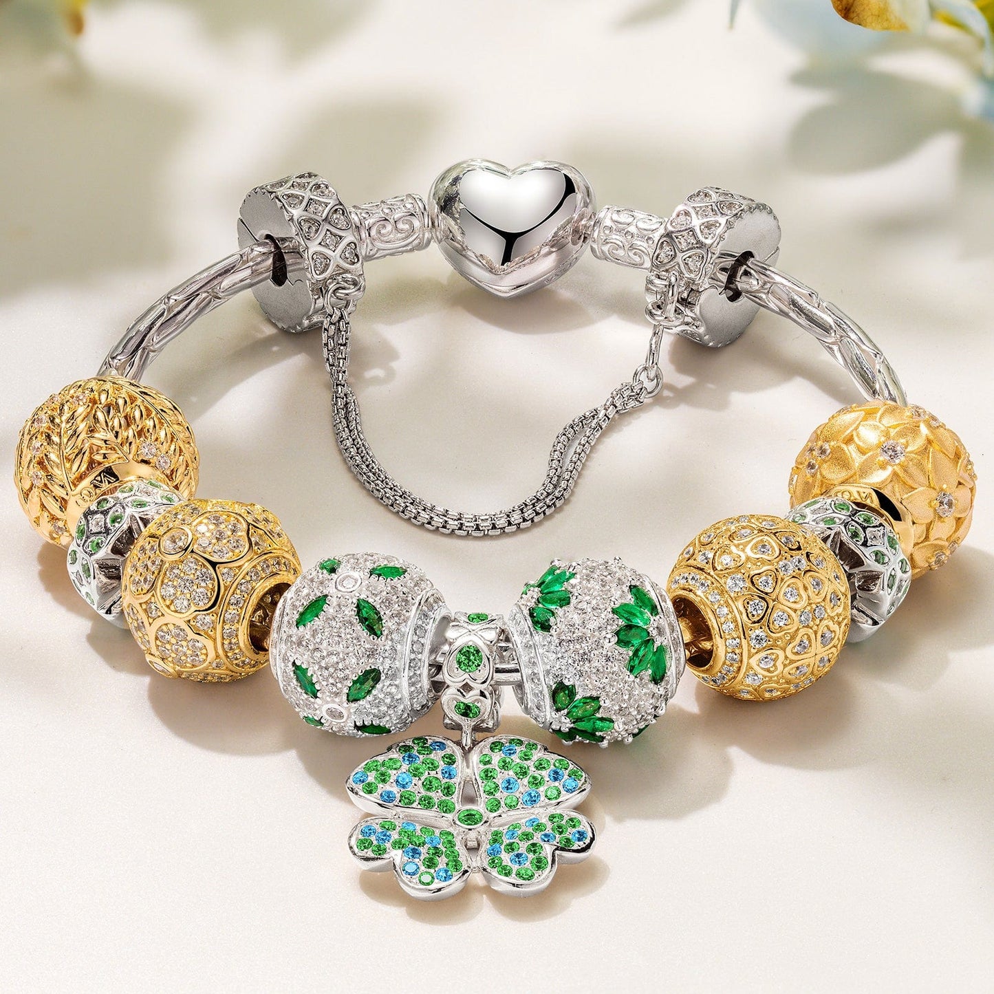 Sterling Silver Clover Cascade Charms Bracelet Set In White Gold Plated