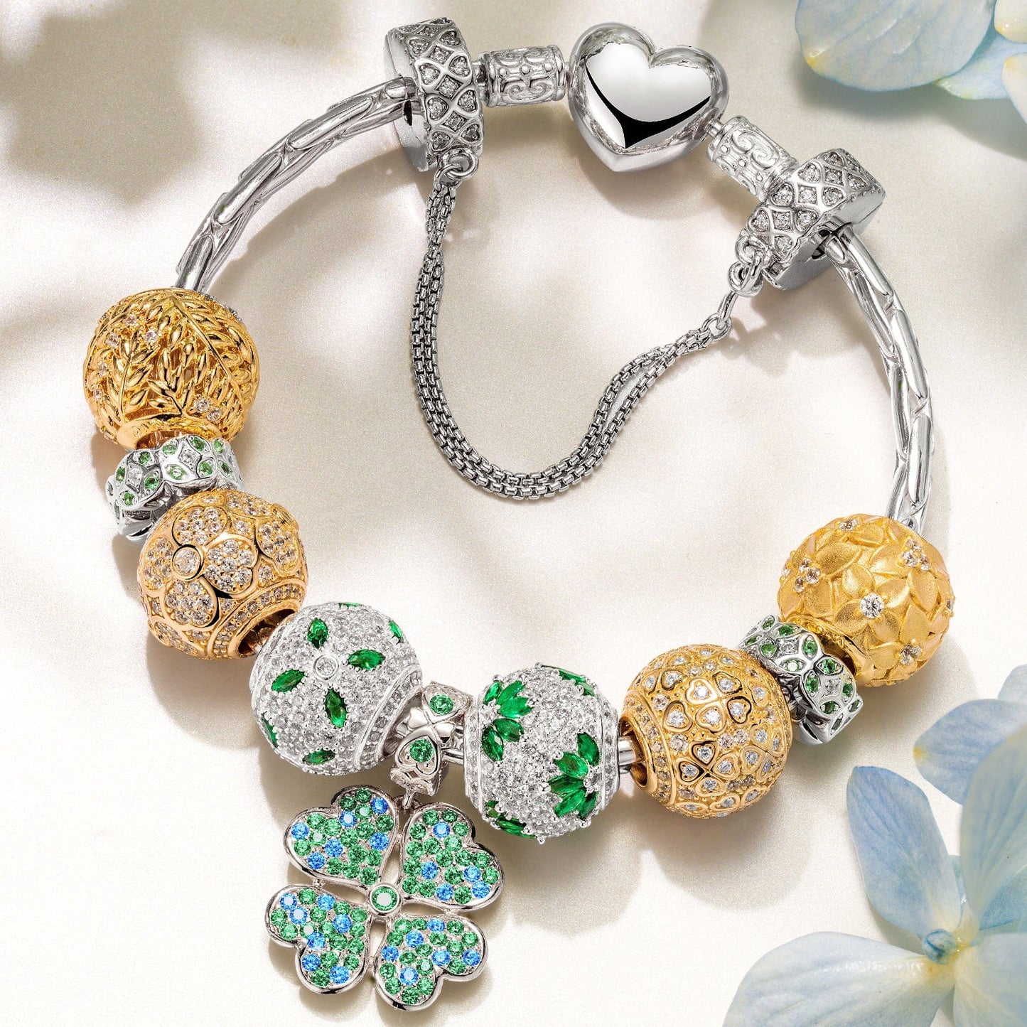 Sterling Silver Clover Cascade Charms Bracelet Set In White Gold Plated