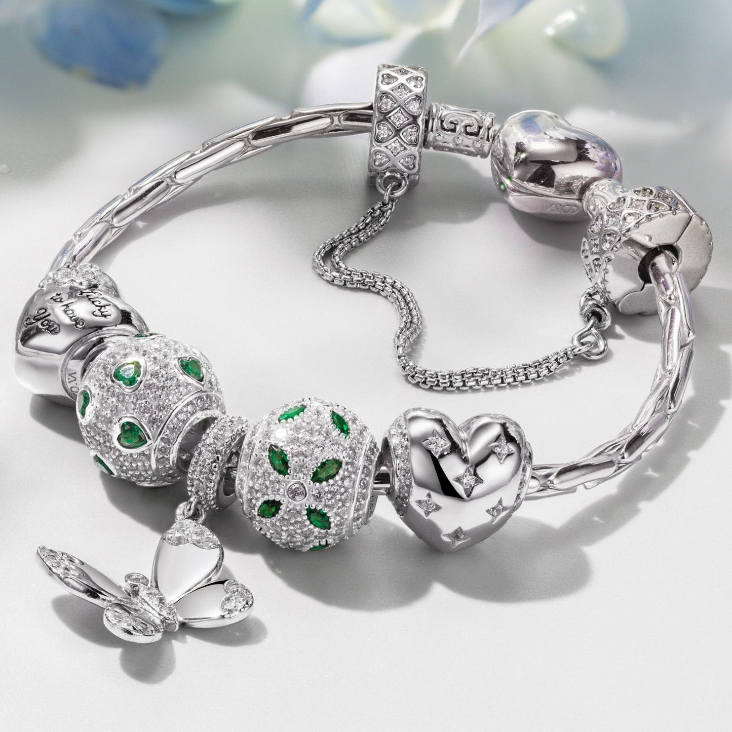 Sterling Silver Wings of Hope Butterfly Charms Bracelet Set In White Gold Plated