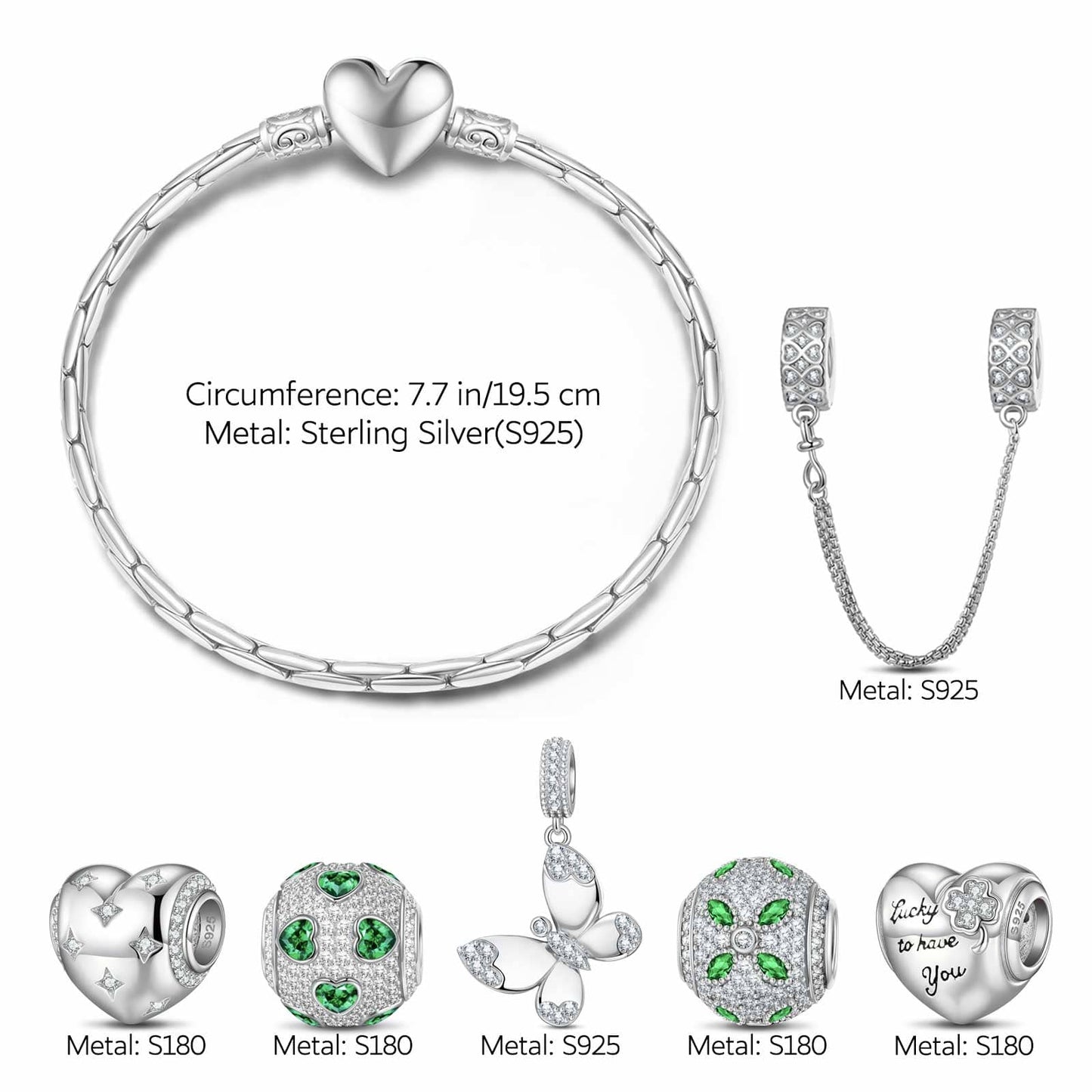 Sterling Silver Wings of Hope Butterfly Charms Bracelet Set In White Gold Plated