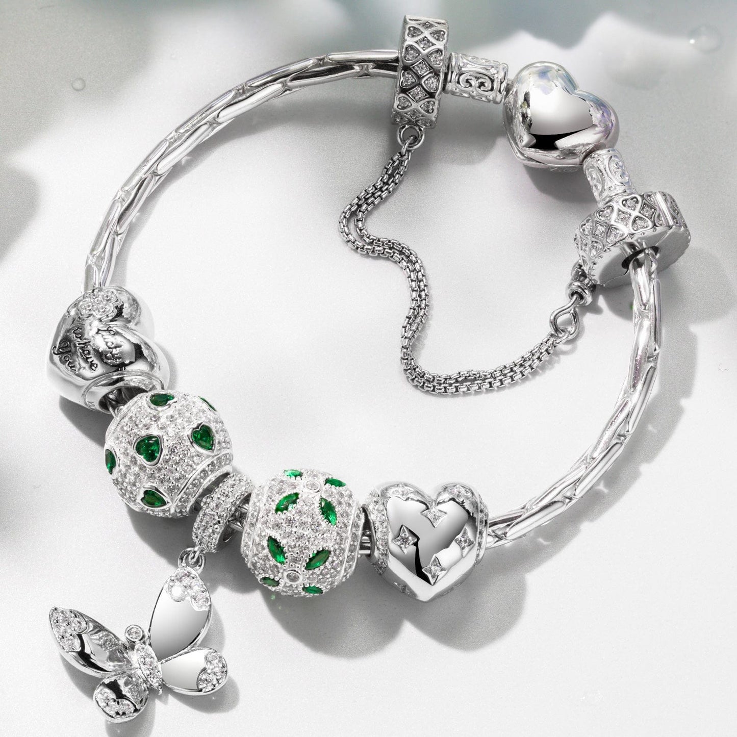 Sterling Silver Wings of Hope Butterfly Charms Bracelet Set In White Gold Plated