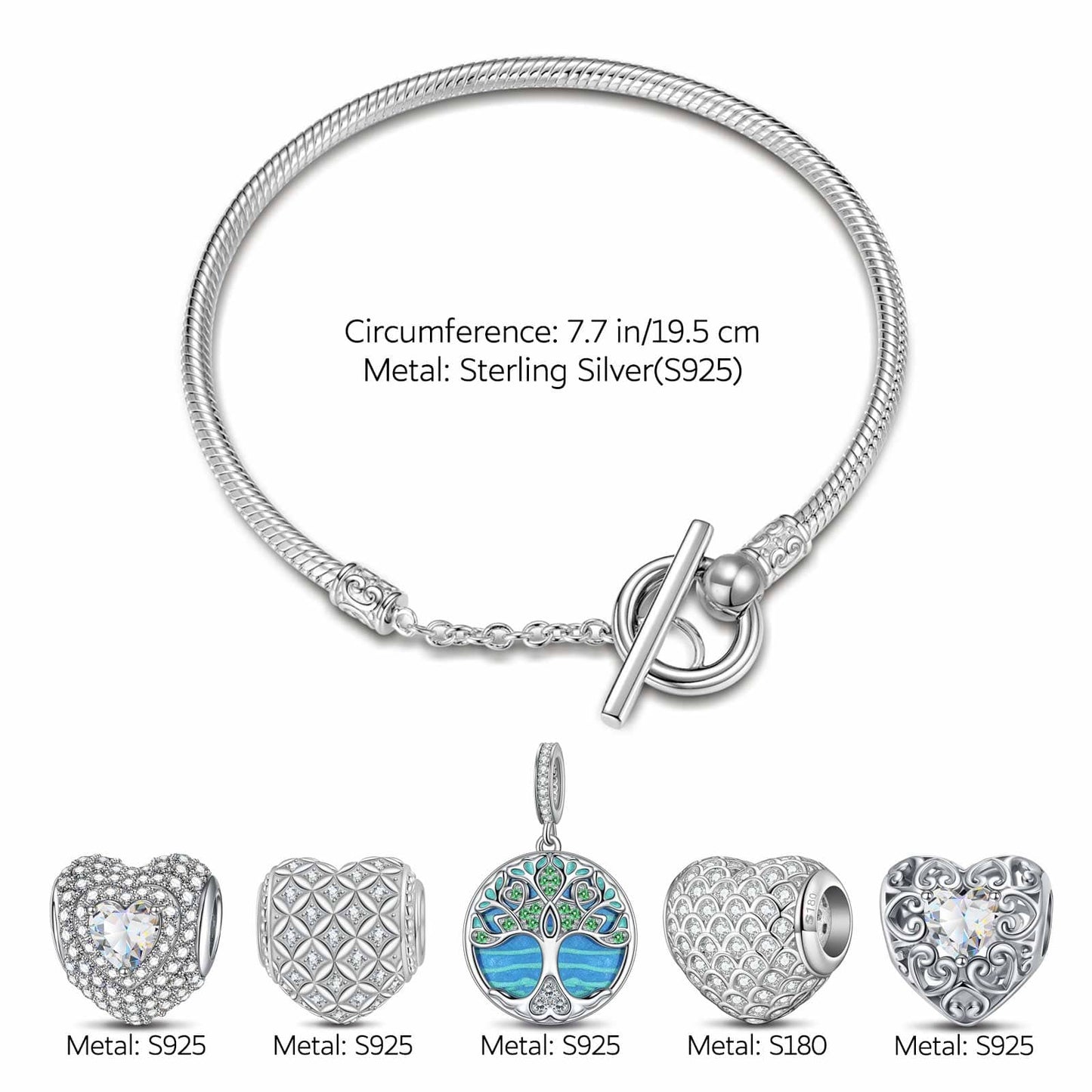 Sterling Silver Life Tree's Heartfelt Charms Bracelet Set With Enamel In White Gold Plated