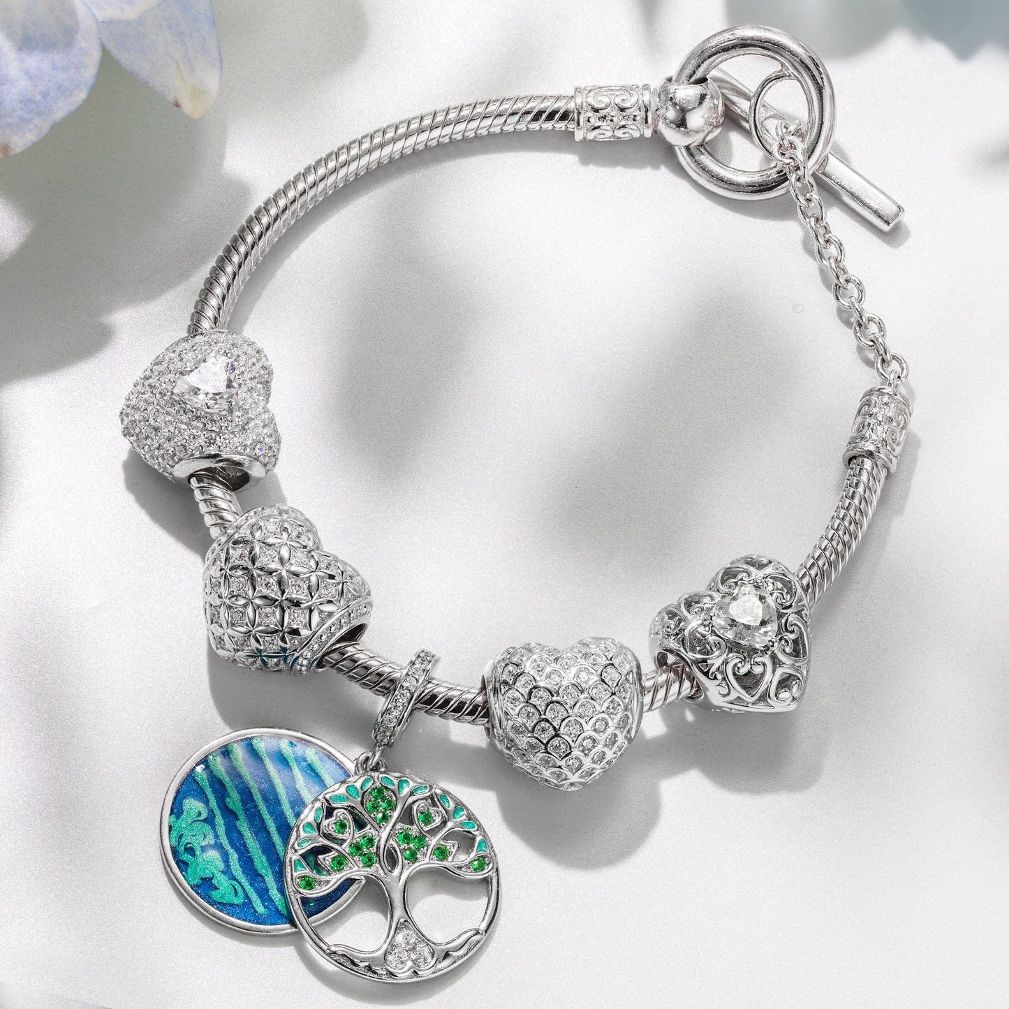 Sterling Silver Life Tree's Heartfelt Charms Bracelet Set With Enamel In White Gold Plated