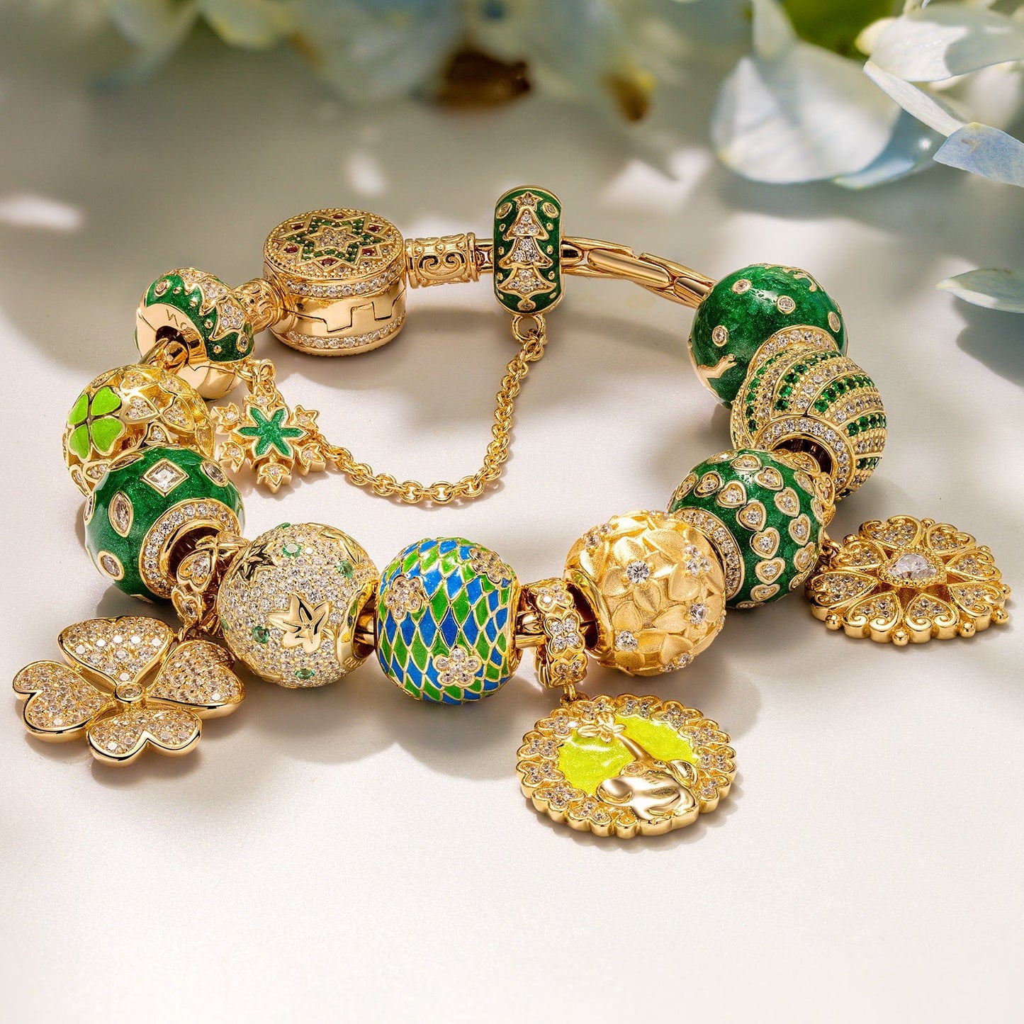 Sterling Silver Jade Delight Charms Bracelet Set With Enamel In 14K Gold Plated