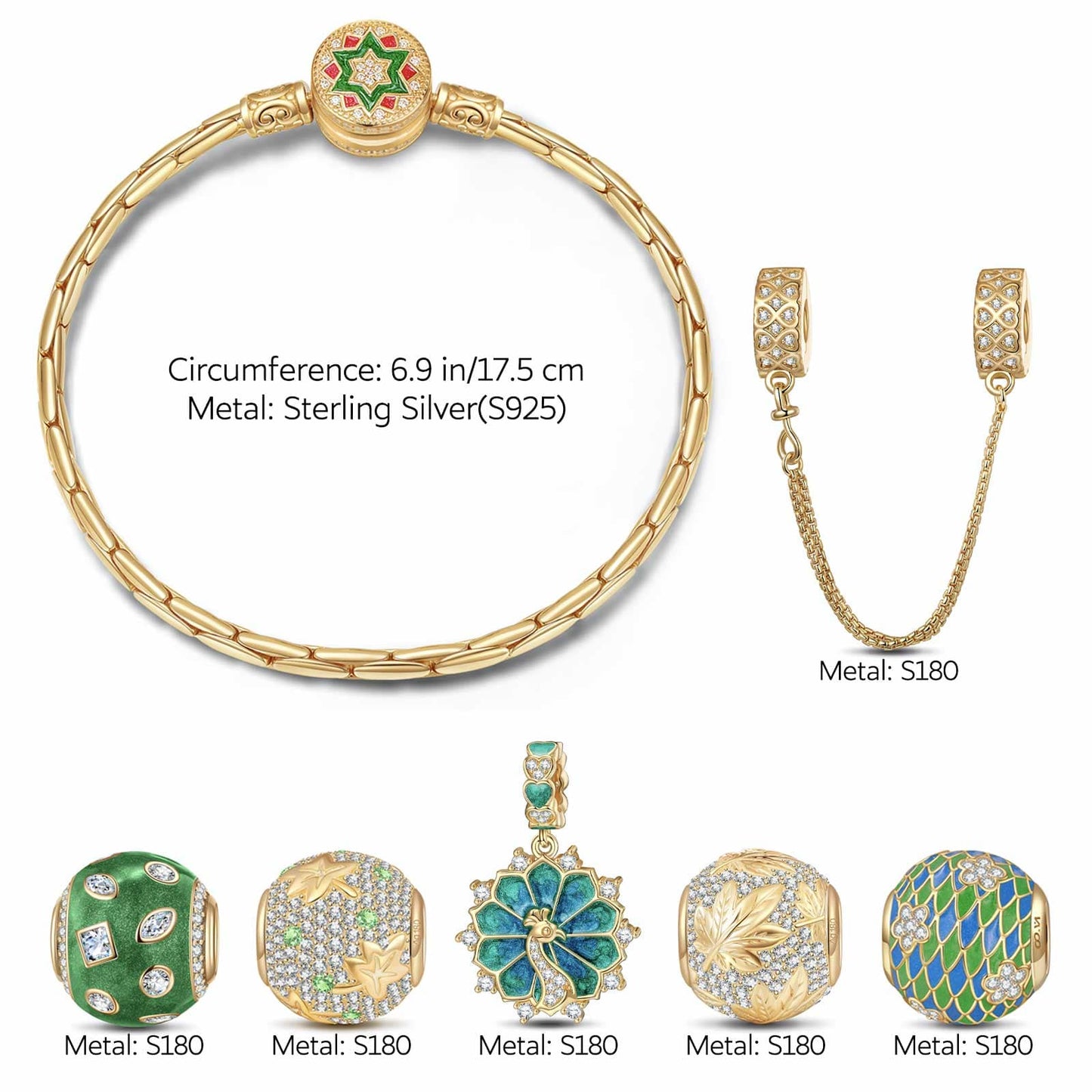 Sterling Silver Peacock Majesty Charms Bracelet Set With Enamel In 14K Gold Plated