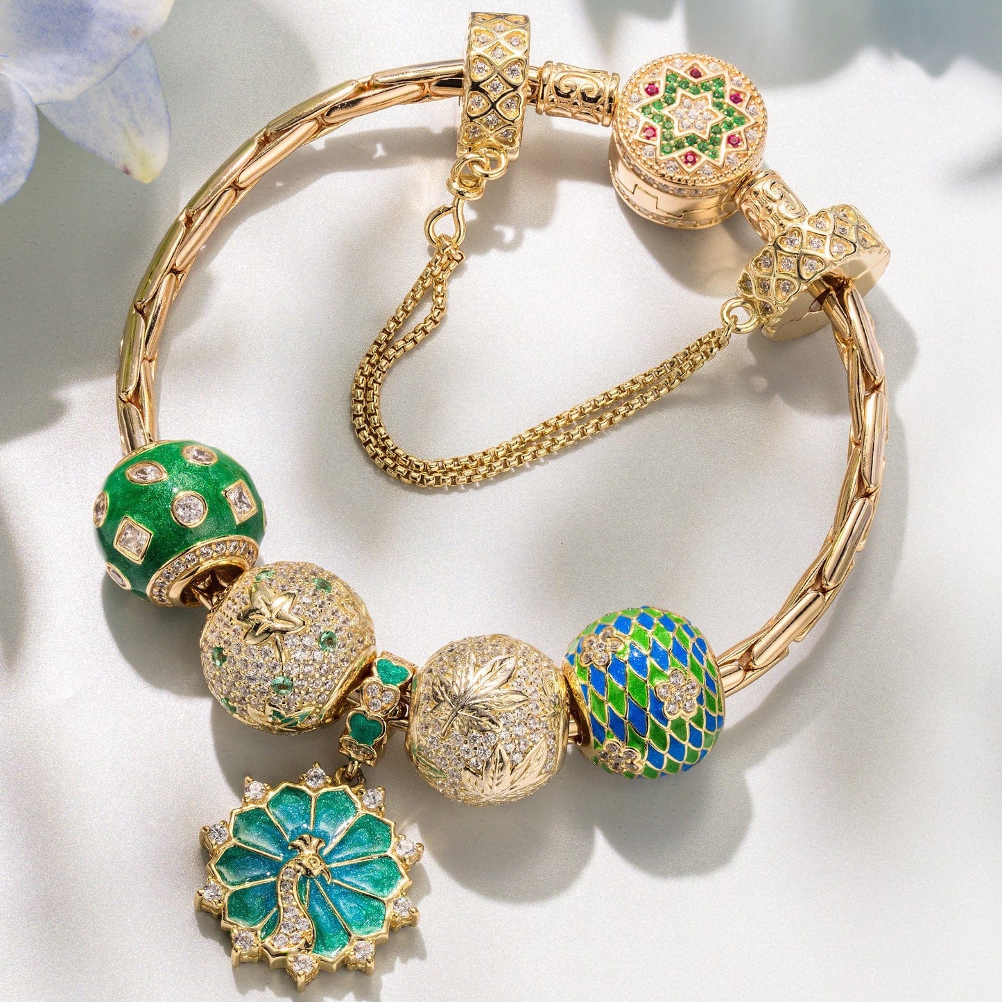 Sterling Silver Peacock Majesty Charms Bracelet Set With Enamel In 14K Gold Plated