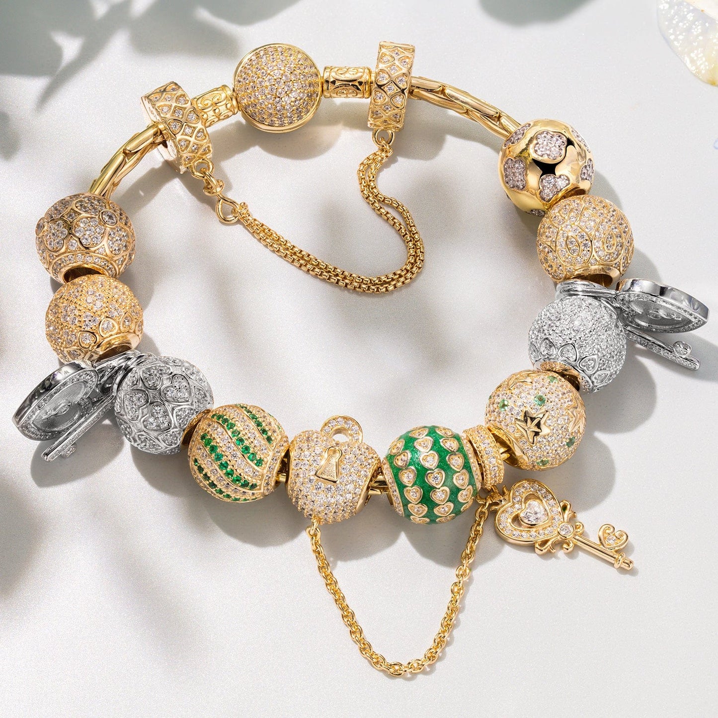 Sterling Silver Infinity Heart's Secret Charms Bracelet Set With Enamel In 14K Gold Plated