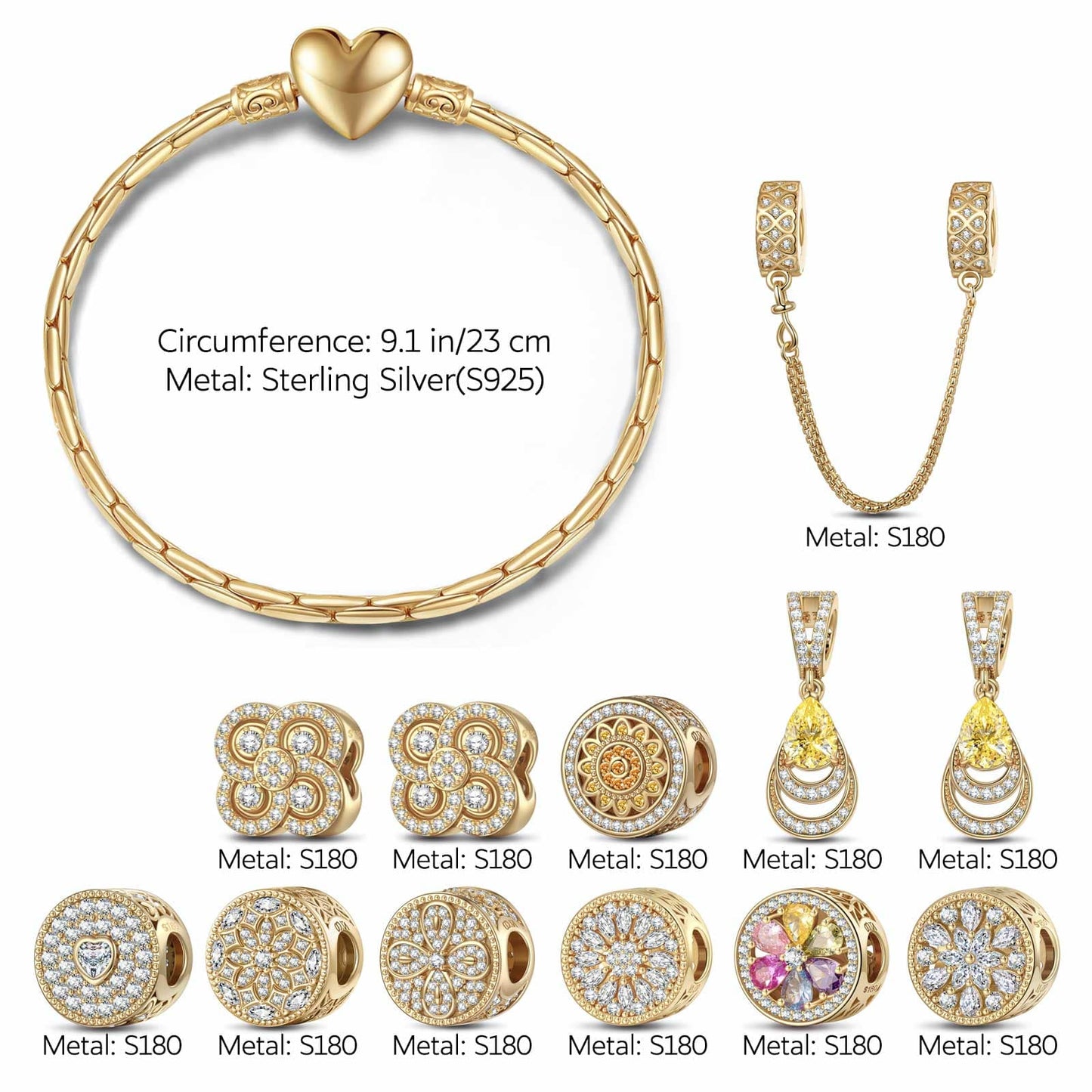 Sterling Silver Blooming Petals of Love Charms Bracelet Set In 14K Gold Plated