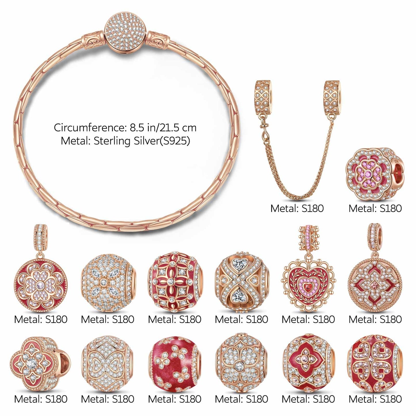 [?As @JeannieBASMR's Pick] Sterling Silver Forever Blooming Charms Bracelet Set With Enamel In Rose Gold Plated