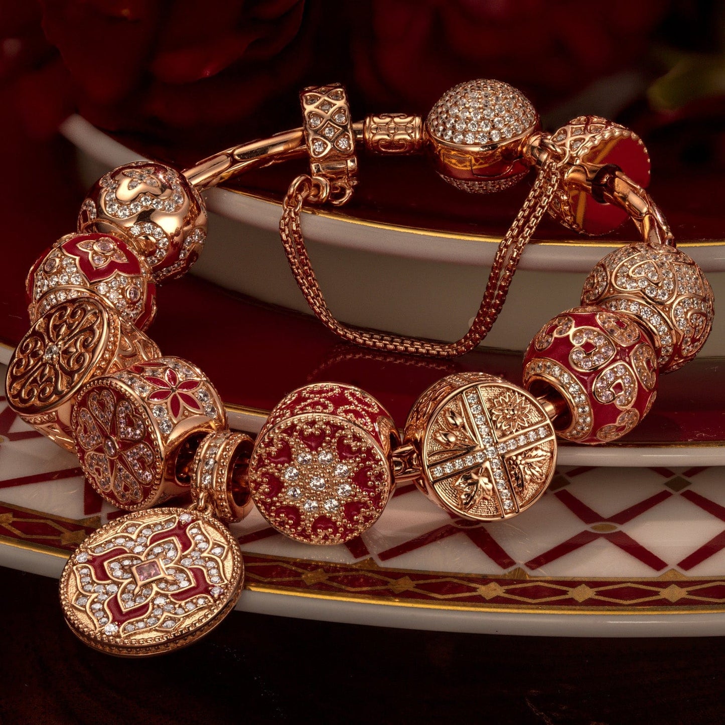 Sterling Silver Seasons of Blessings Charms Bracelet Set With Enamel In Rose Gold Plated