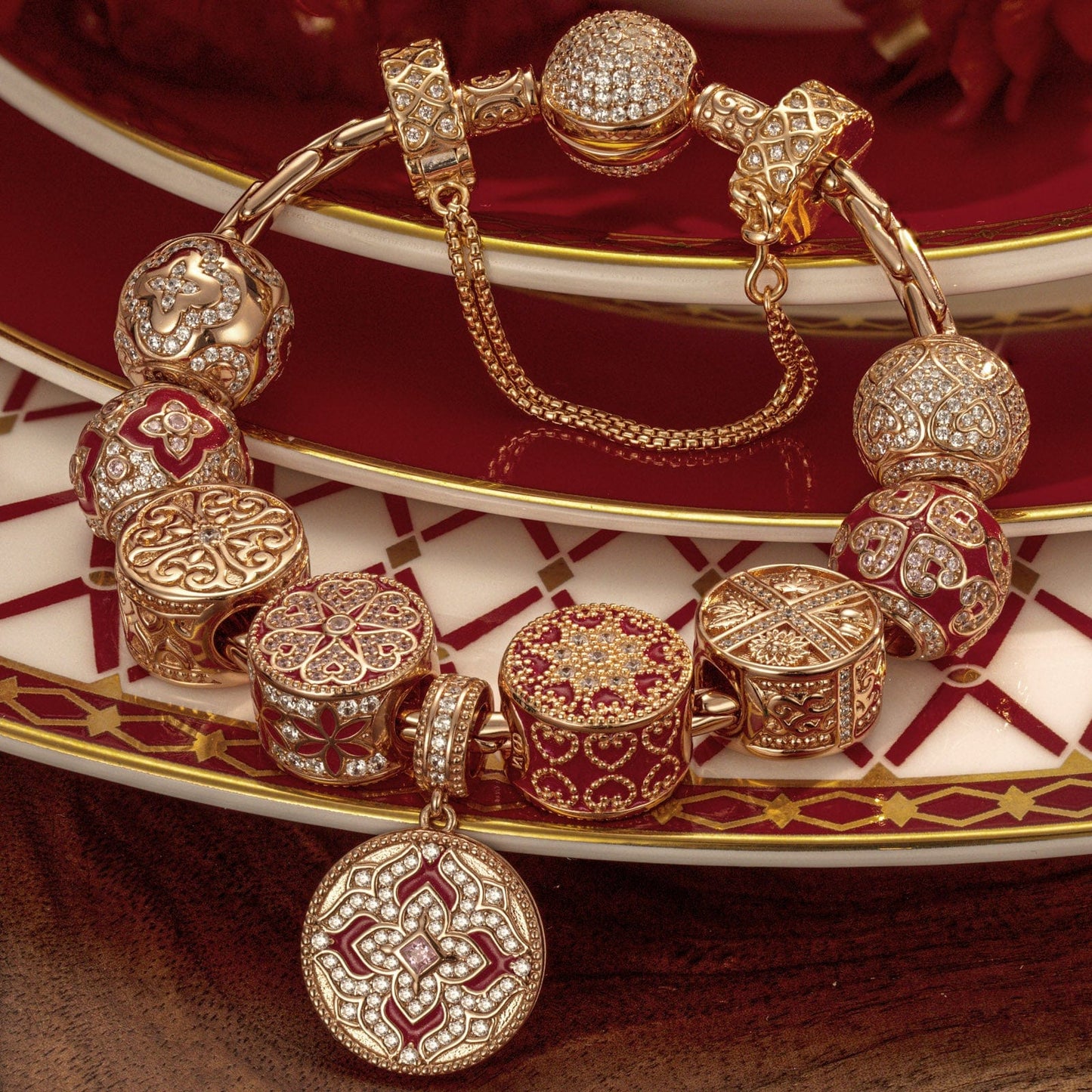 Sterling Silver Seasons of Blessings Charms Bracelet Set With Enamel In Rose Gold Plated