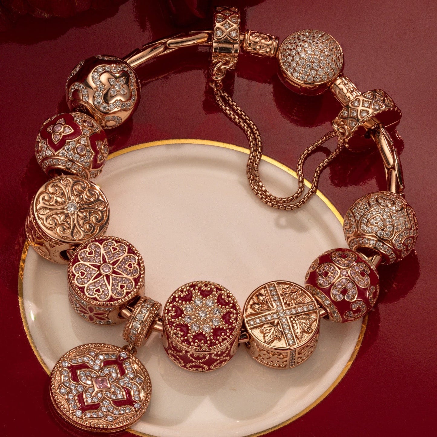 Sterling Silver Seasons of Blessings Charms Bracelet Set With Enamel In Rose Gold Plated