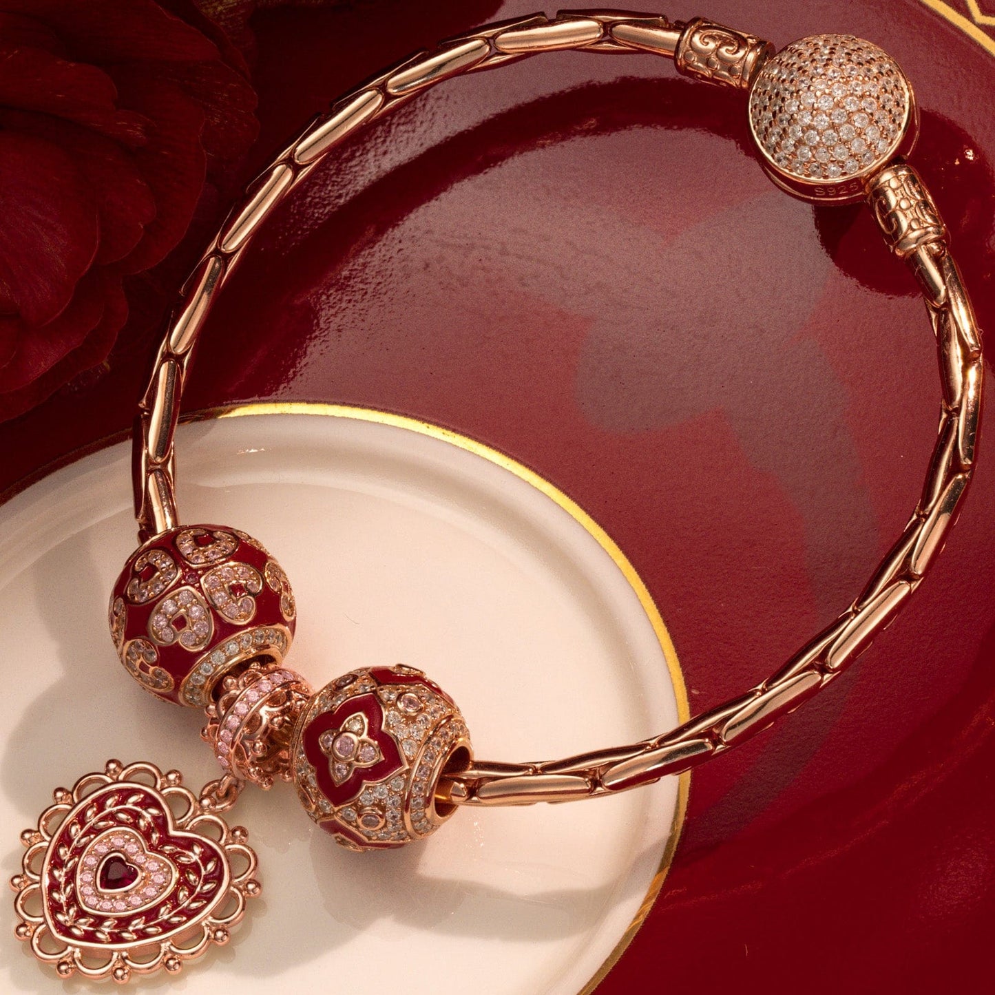 Sterling Silver Joyful Moments Charms Bracelet Set With Enamel In Rose Gold Plated