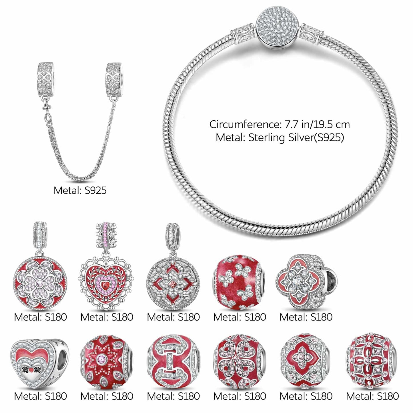 Sterling Silver Eternal Grace Charms Bracelet Set With Enamel In White Gold Plated