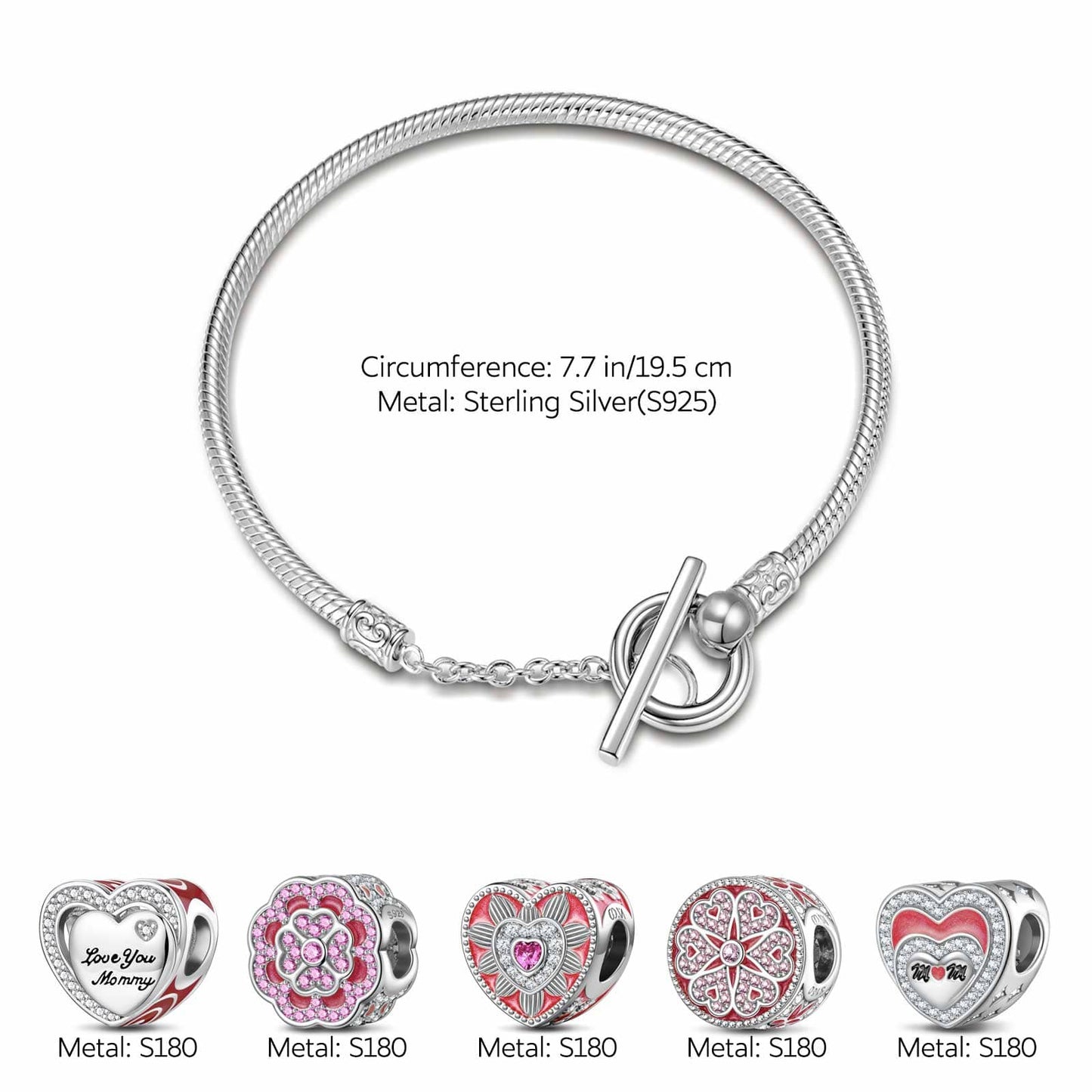 Sterling Silver Love Like Brilliant Blossoming Charms Bracelet Set With Enamel In White Gold Plated