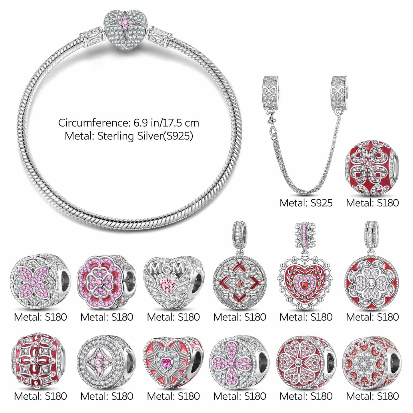 Sterling Silver Love and Beauty Embrace You Charms Bracelet Set With Enamel In White Gold Plated