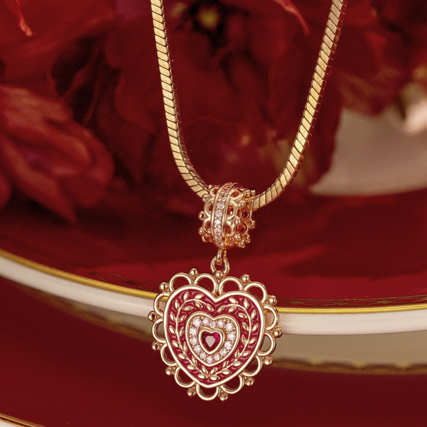 Sterling Silver Crowned With Love Charms Necklace Set With Enamel In Rose Gold Plated