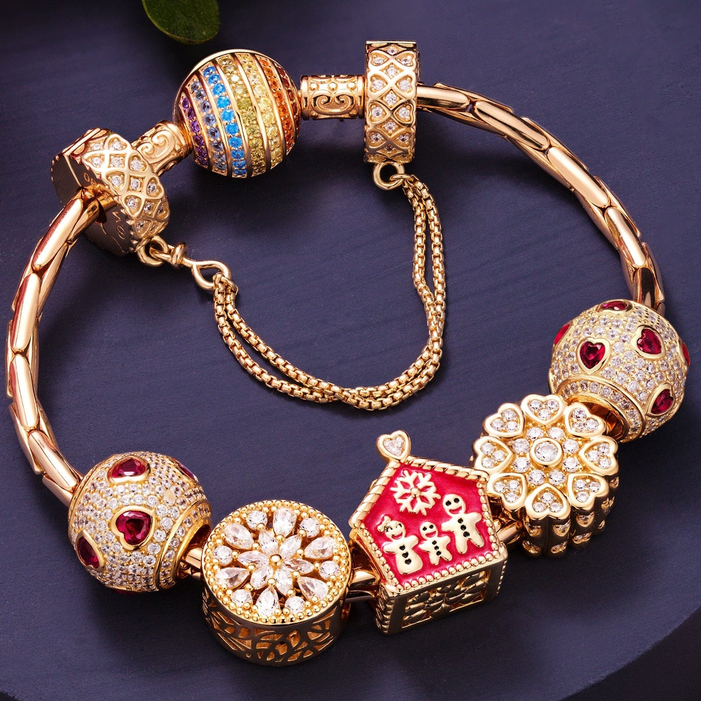 Sterling Silver Love Belonging Charms Bracelet Set With Enamel In 14K Gold Plated