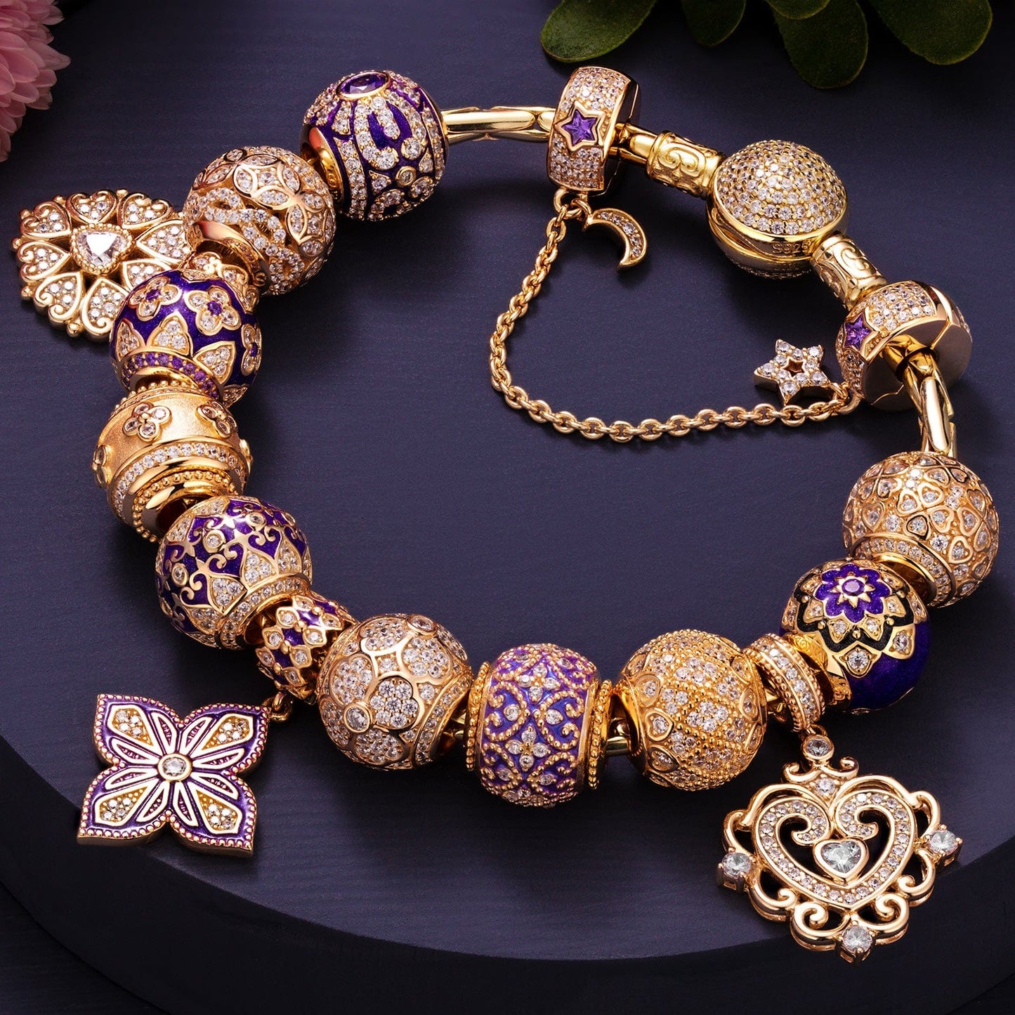 Sterling Silver Blooming Cherish and Bliss Charms Bracelet Set With Enamel In 14K Gold Plated