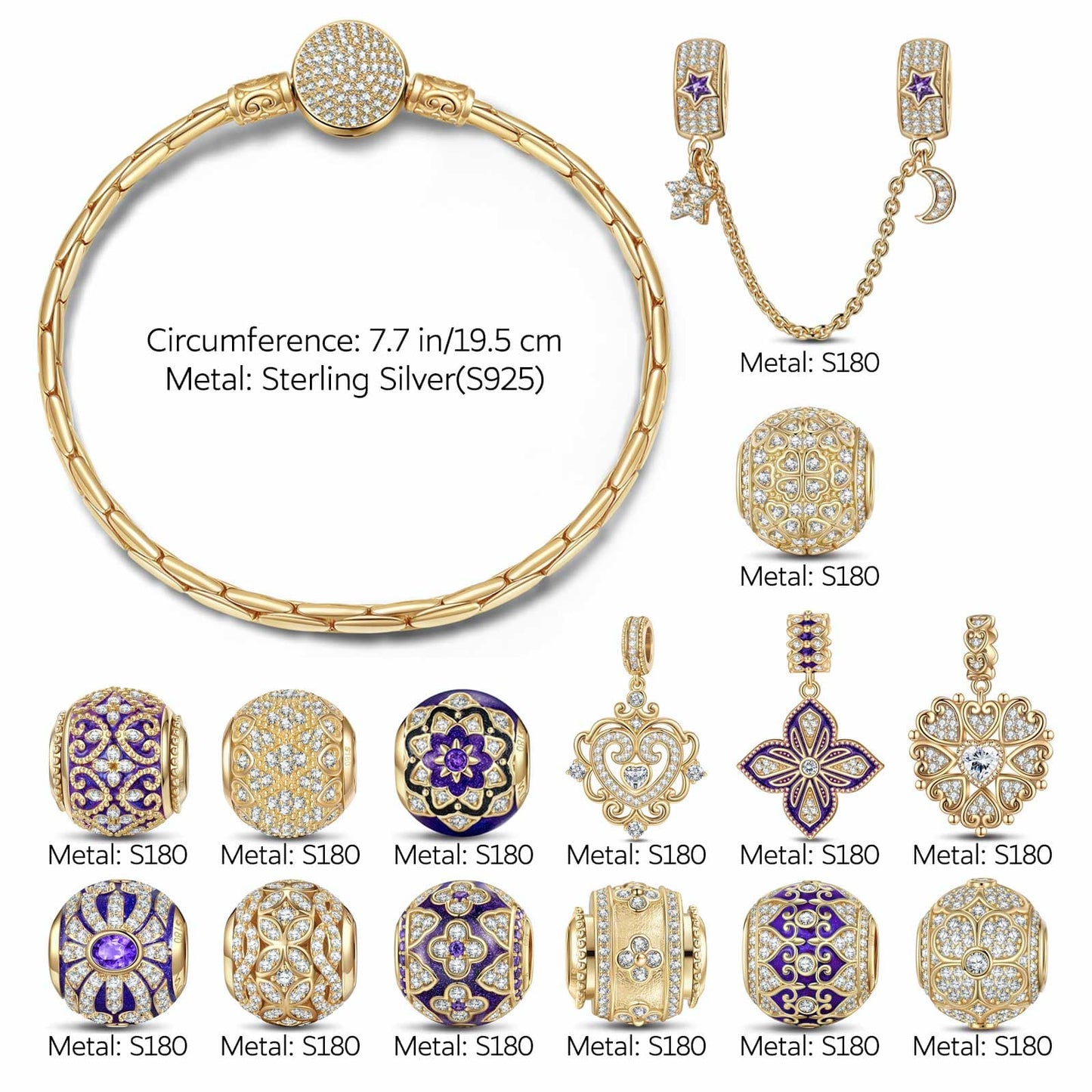 Sterling Silver Blooming Cherish and Bliss Charms Bracelet Set With Enamel In 14K Gold Plated