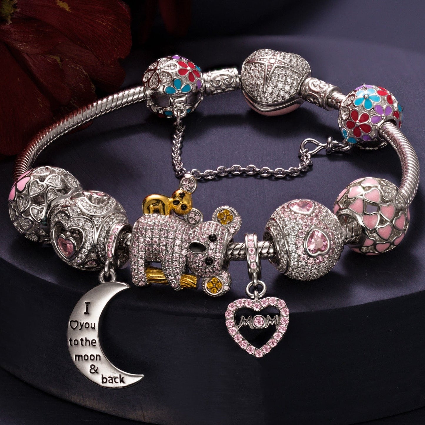 Sterling Silver Motherly Love Eternal Charms Bracelet Set With Enamel In White Gold Plated