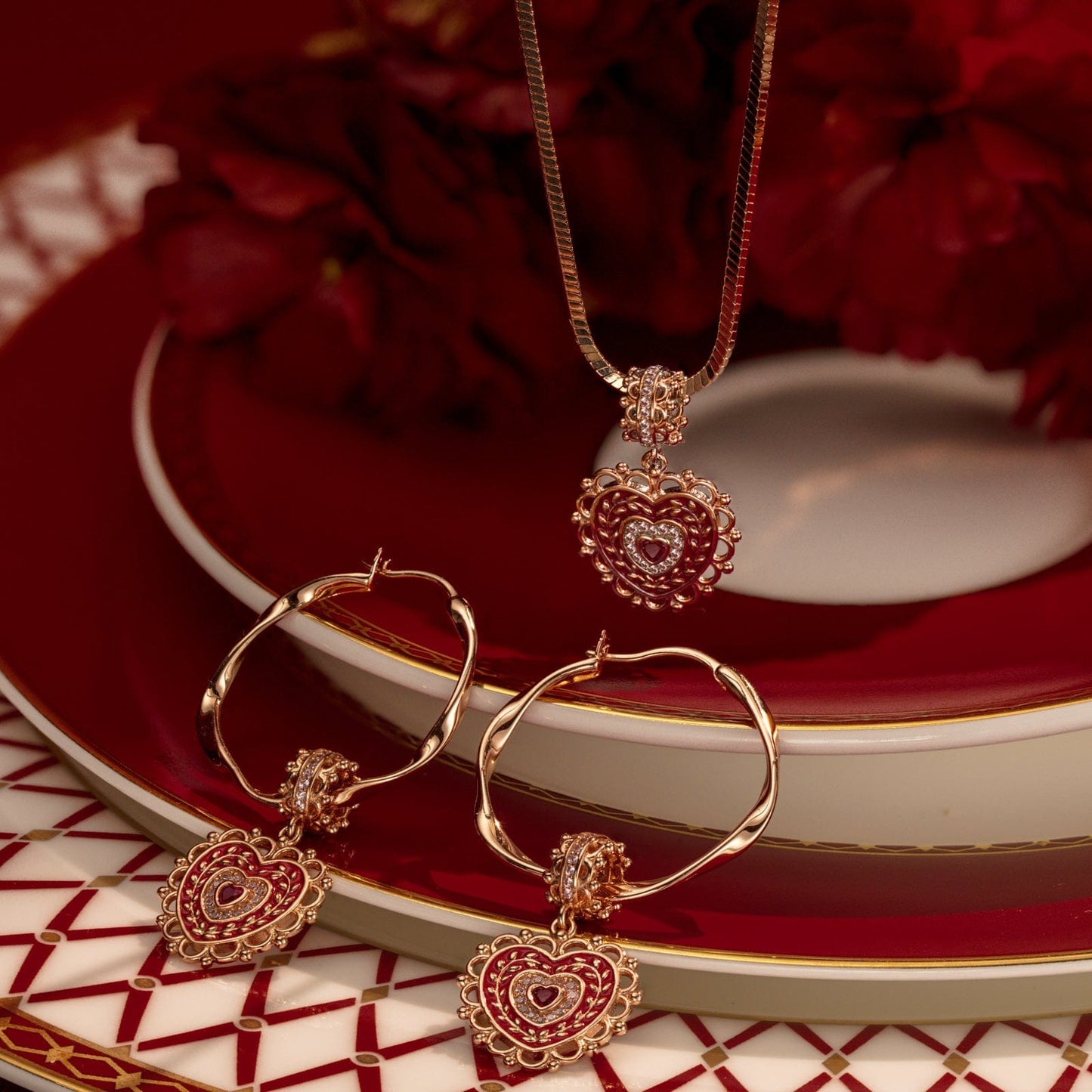 Sterling Silver Crowned With Love Charms Necklace and Charms Earrings Set With Enamel In Rose Gold Plated
