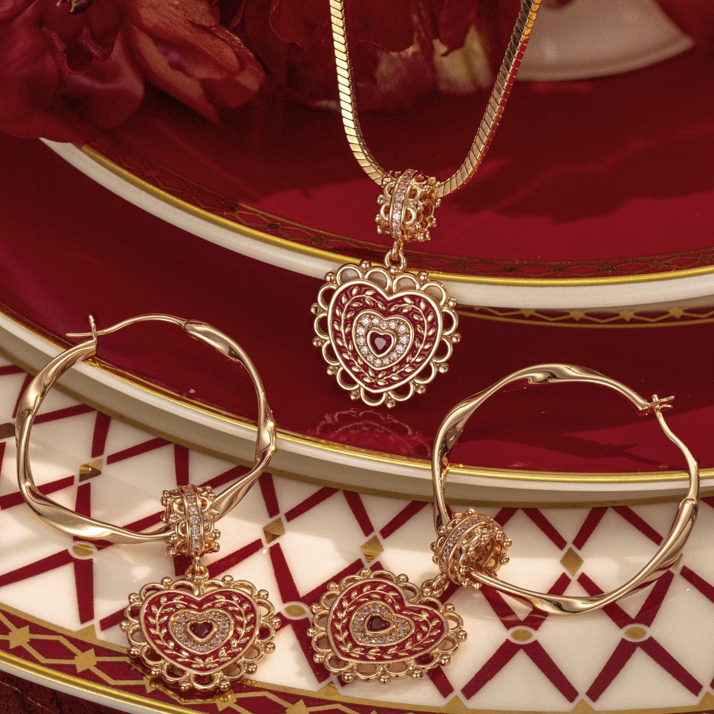 Sterling Silver Crowned With Love Charms Necklace and Charms Earrings Set With Enamel In Rose Gold Plated
