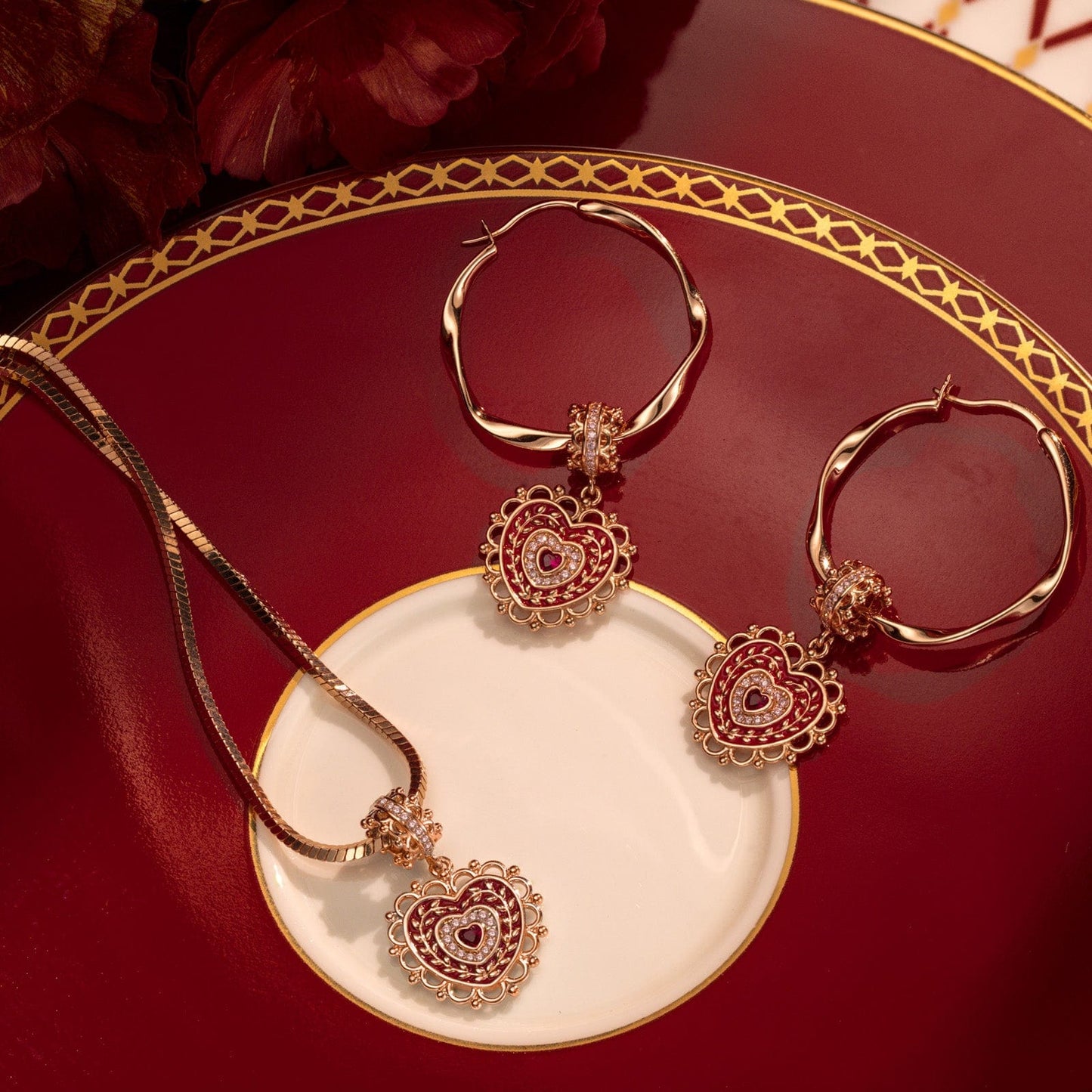 Sterling Silver Crowned With Love Charms Necklace and Charms Earrings Set With Enamel In Rose Gold Plated