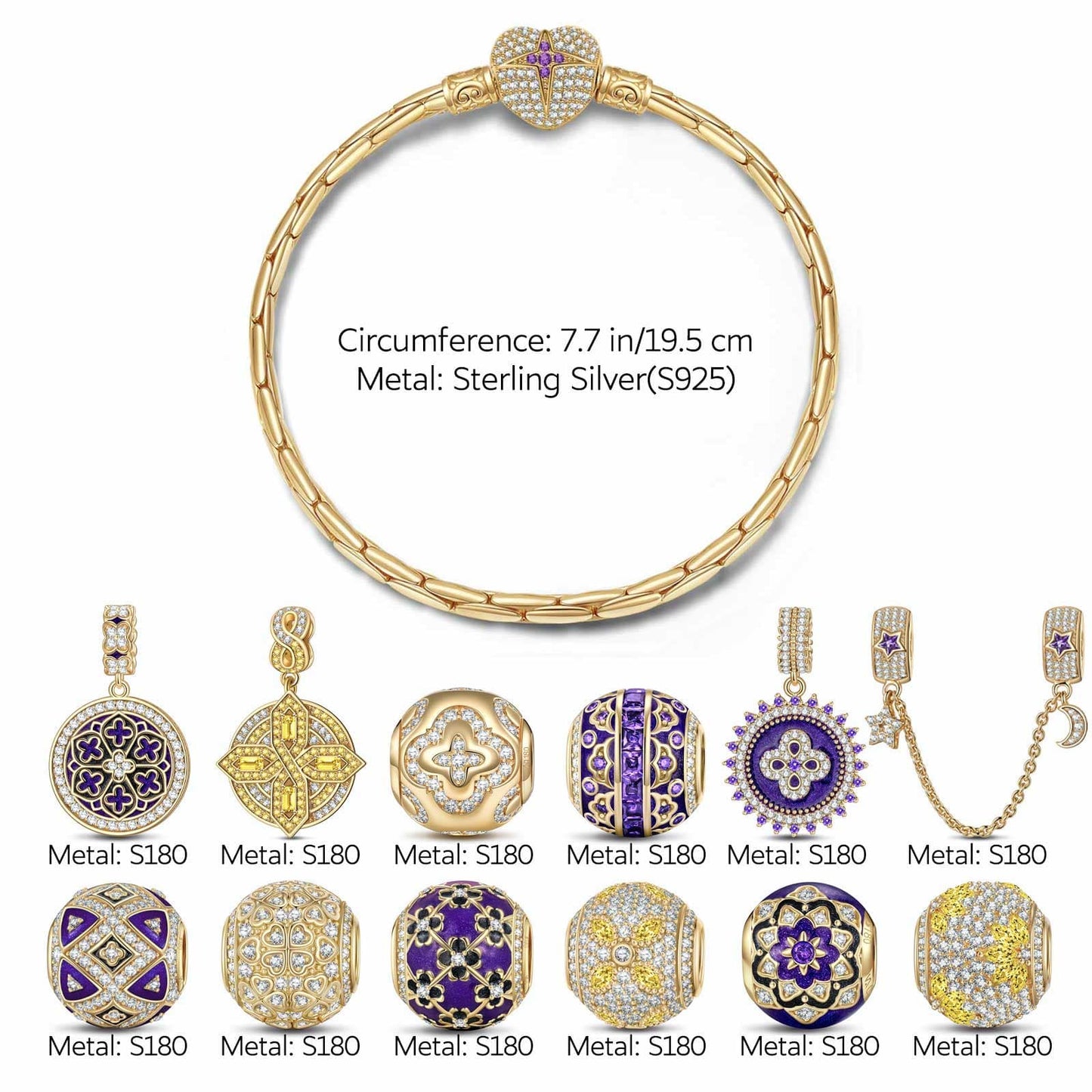 Sterling Silver Four-Leaf Beauty Charms Bracelet Set With Enamel In 14K Gold Plated