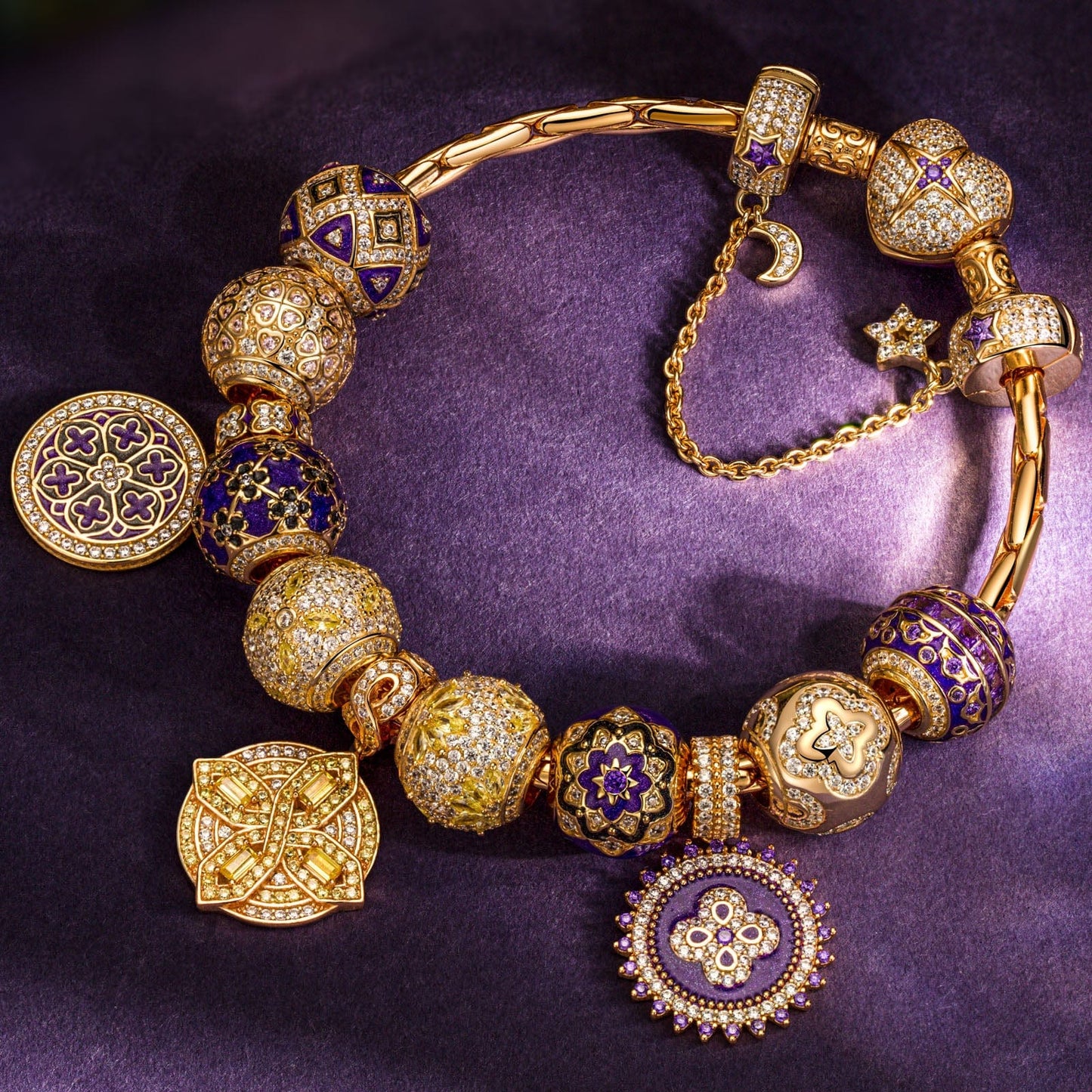 Sterling Silver Four-Leaf Beauty Charms Bracelet Set With Enamel In 14K Gold Plated