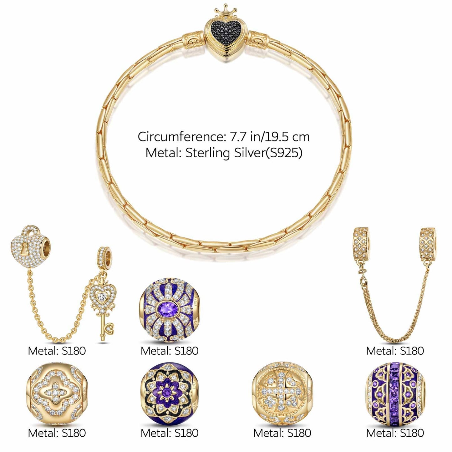 Sterling Silver Heartfelt Blossom Charms Bracelet Set With Enamel In 14K Gold Plated